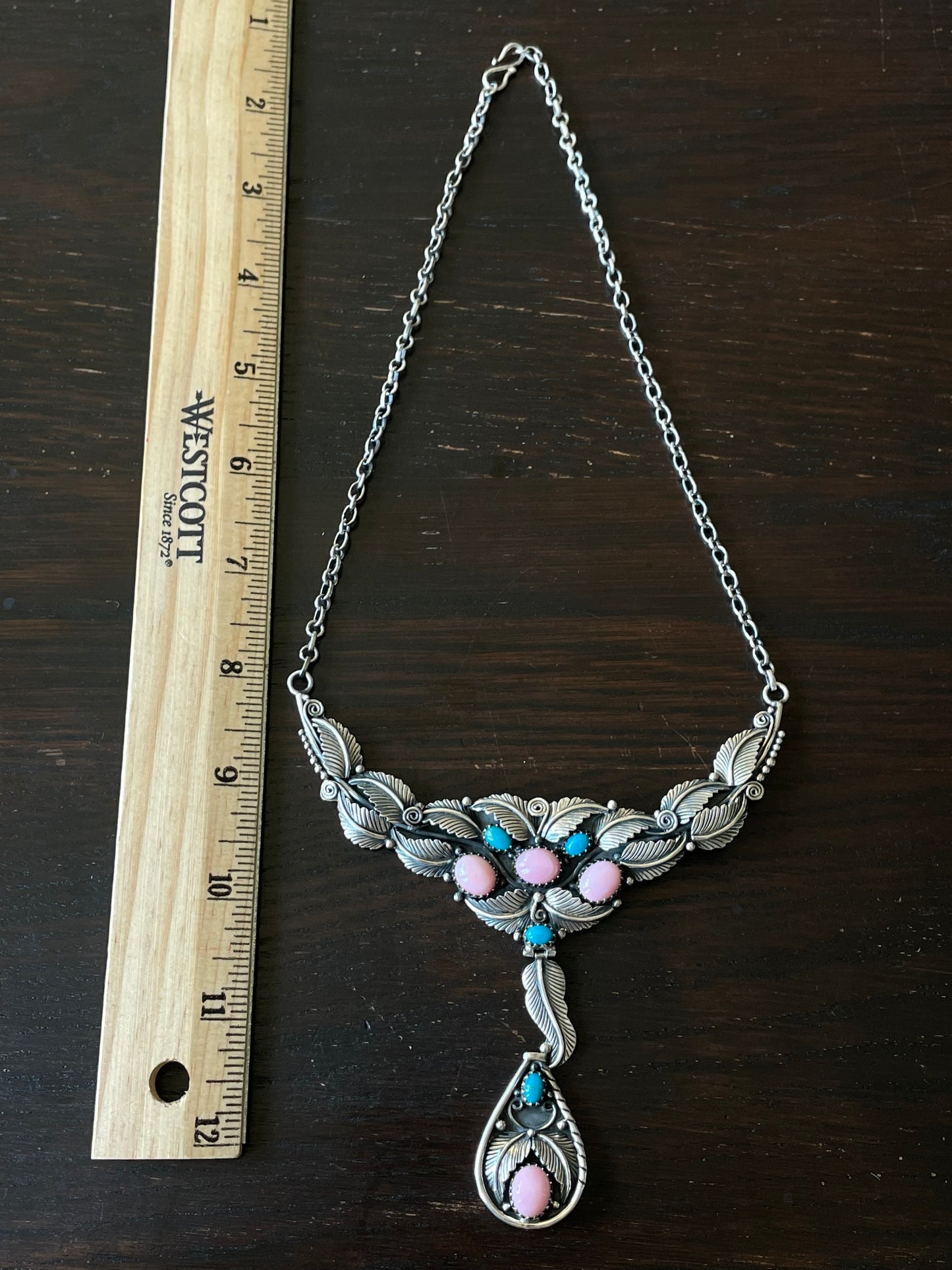 Pink Conch Turquoise Leaf Statement Necklace | Sterling Silver E828