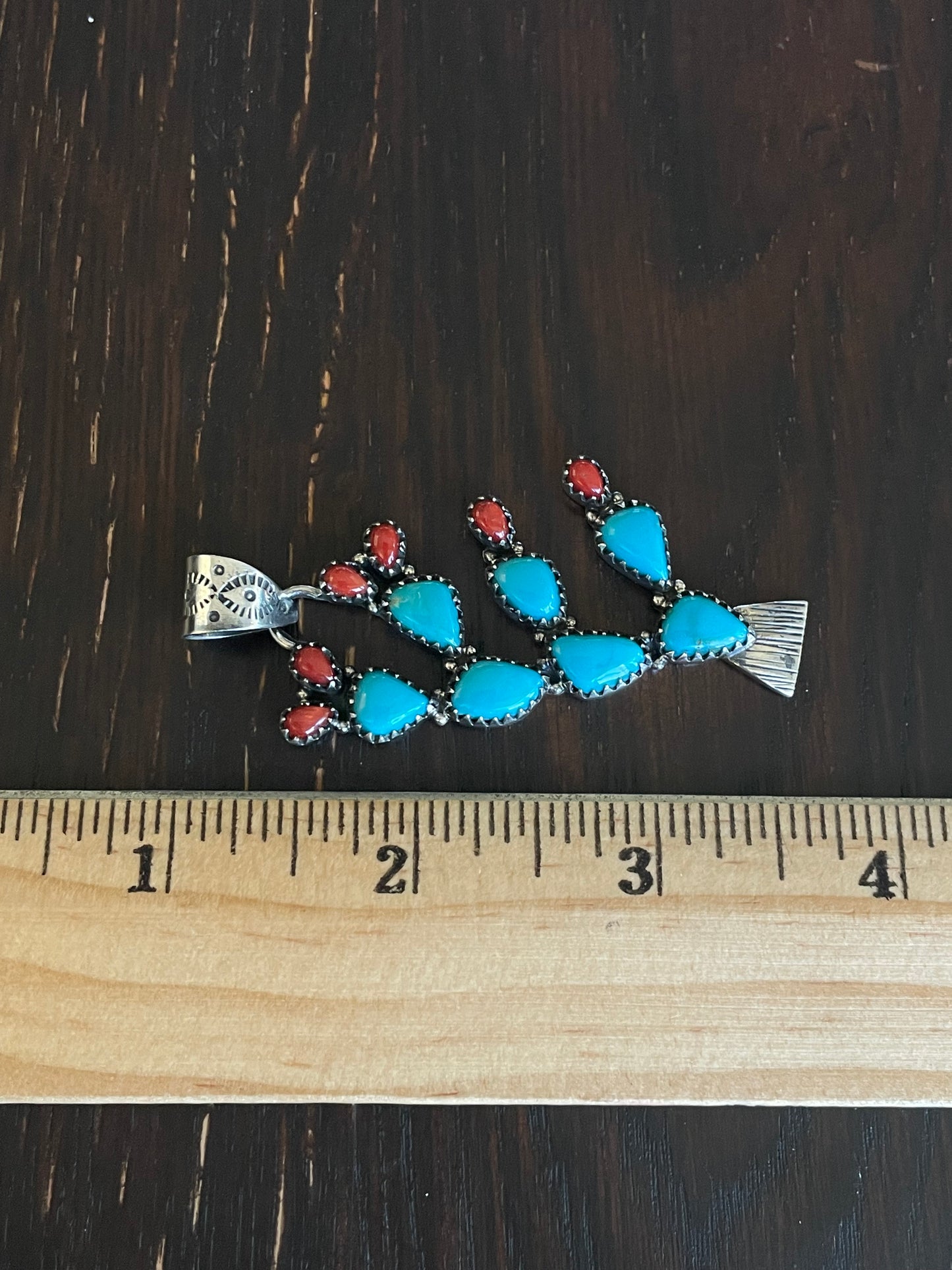 Turquoise Coral Cactus Pendant | Sterling Silver E715