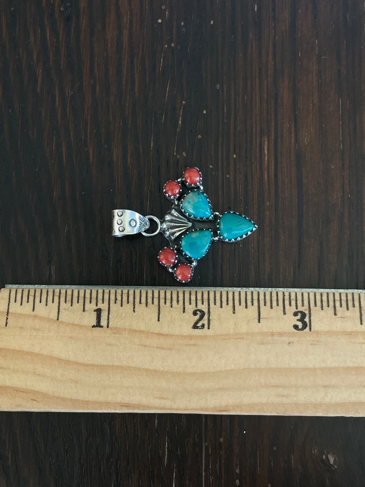 Turquoise Coral Cactus Cross Pendant | Sterling Silver E699