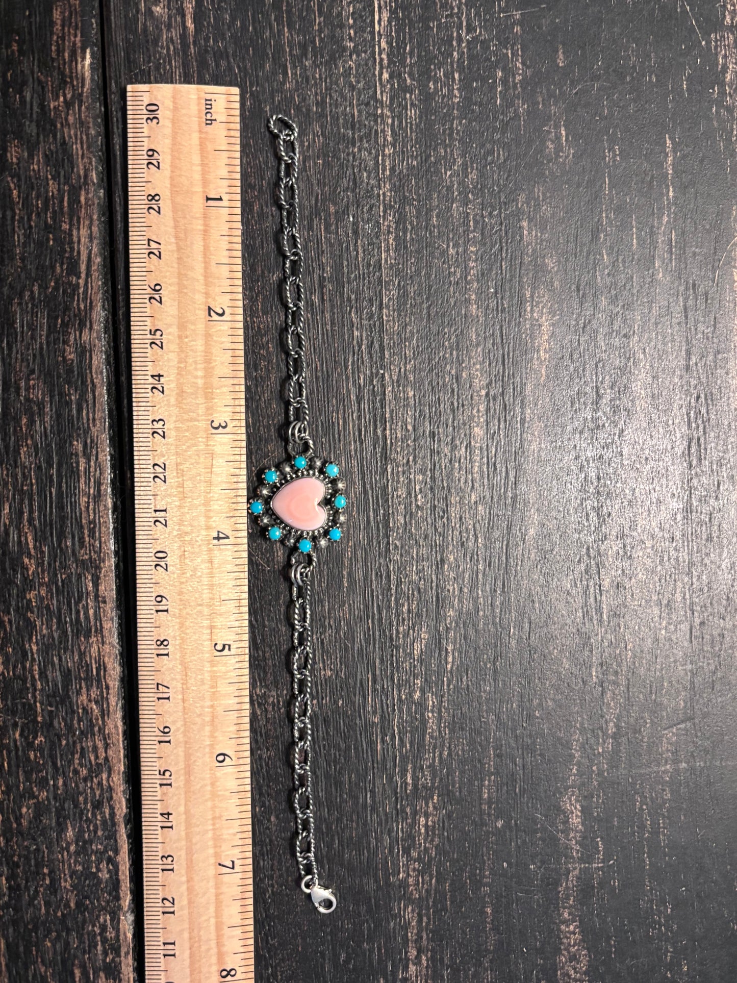 Pink Conch Heart Link Bracelet | 925 Sterling Silver Southwestern Style A002
