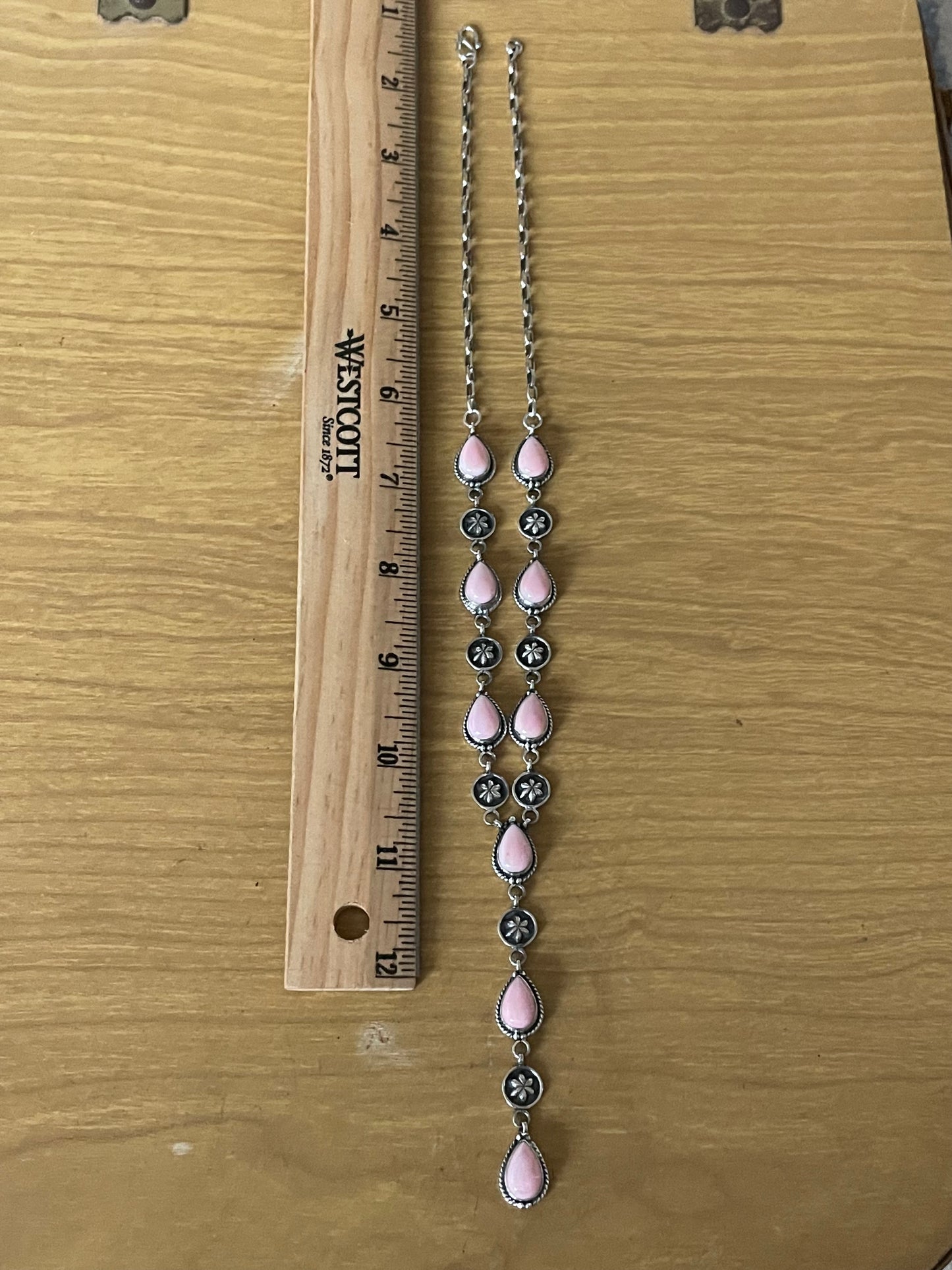 Pink Conch Lariat Necklace | Teardrop Station Drop | 925 Silver E566