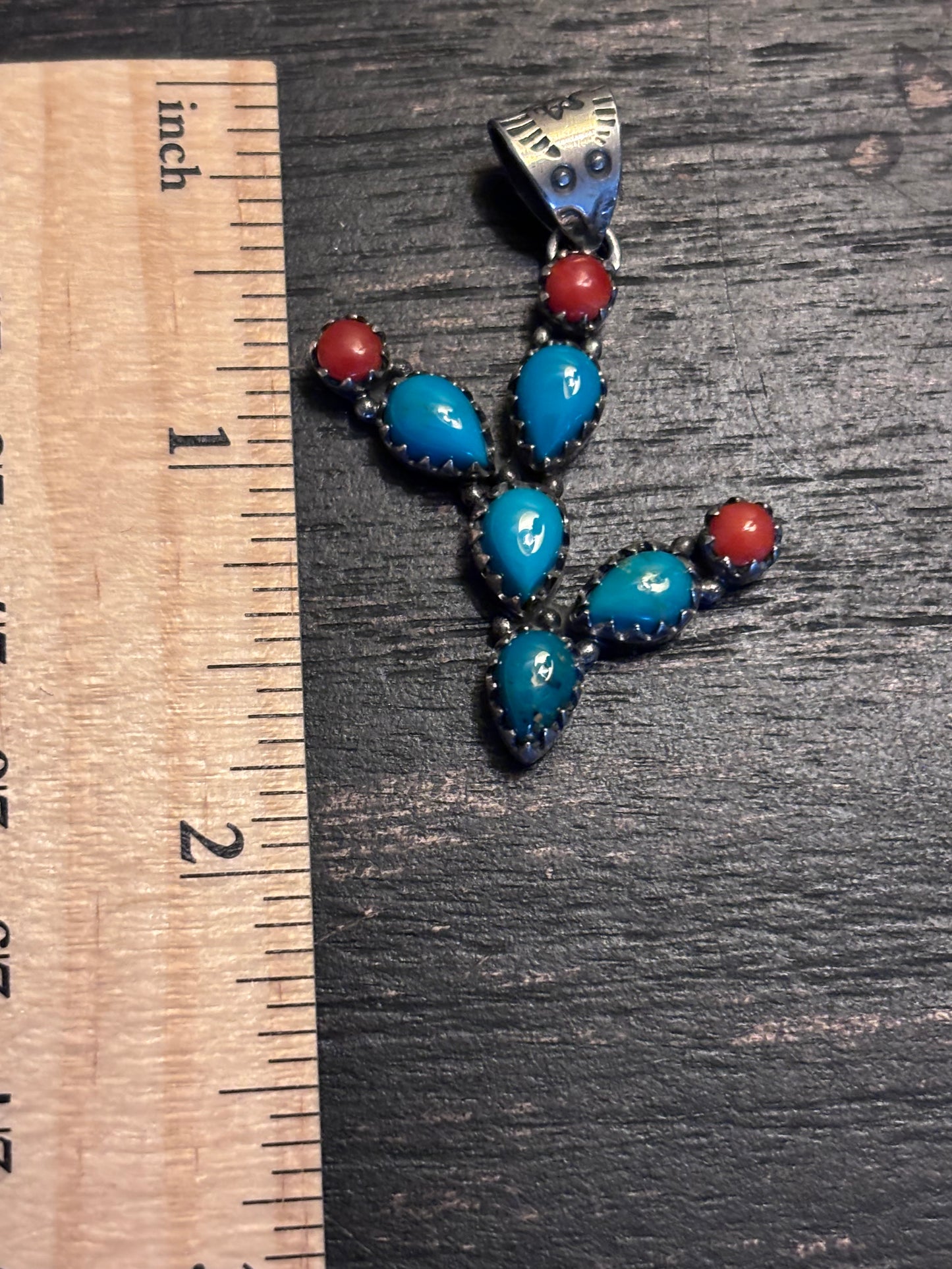 Turquoise Coral Cactus Pendant | Sterling Silver Southwestern Style A091