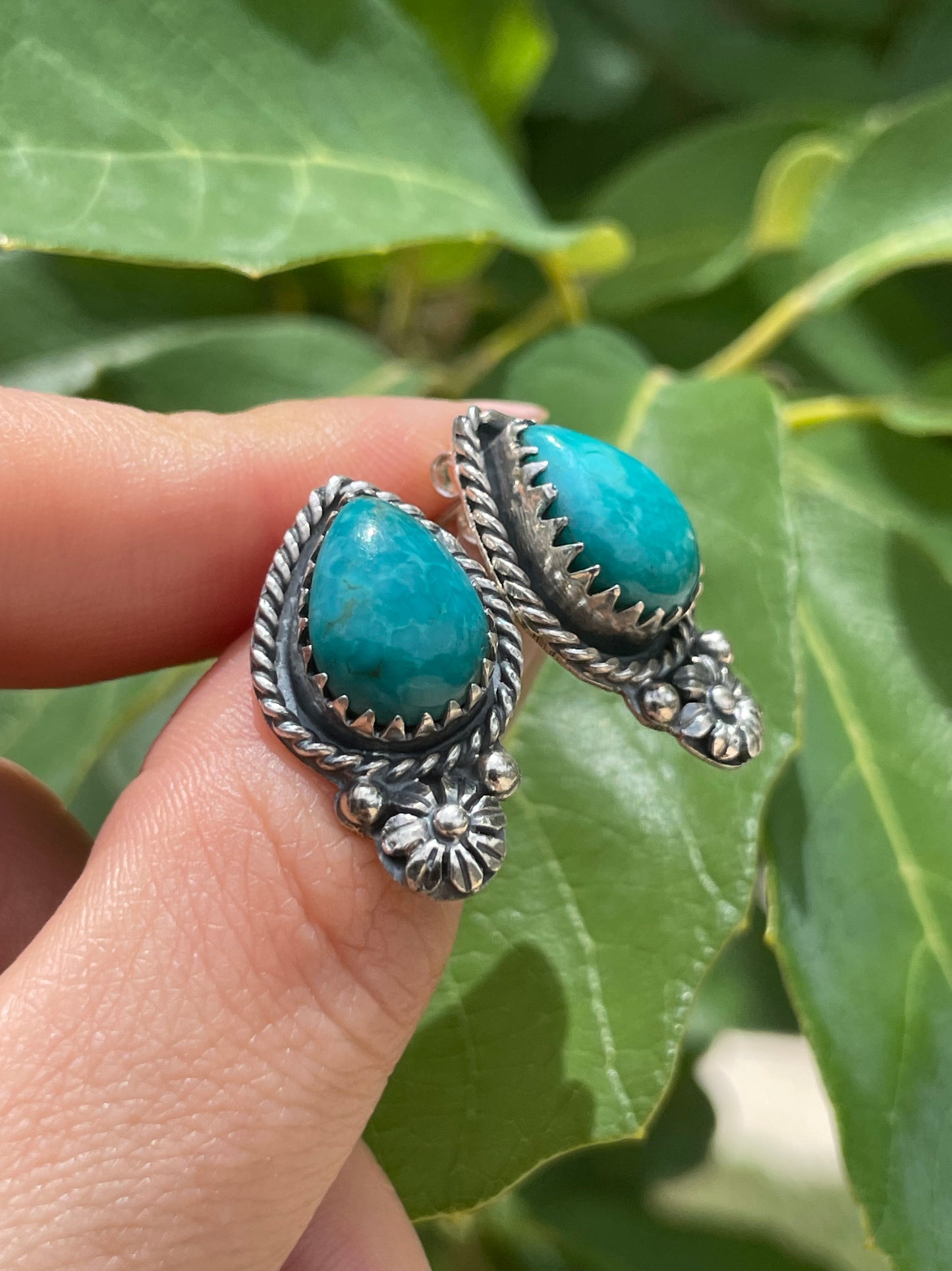 Kingman Turquoise Tear Drop Stud Earrings | 925 Sterling Silver D195