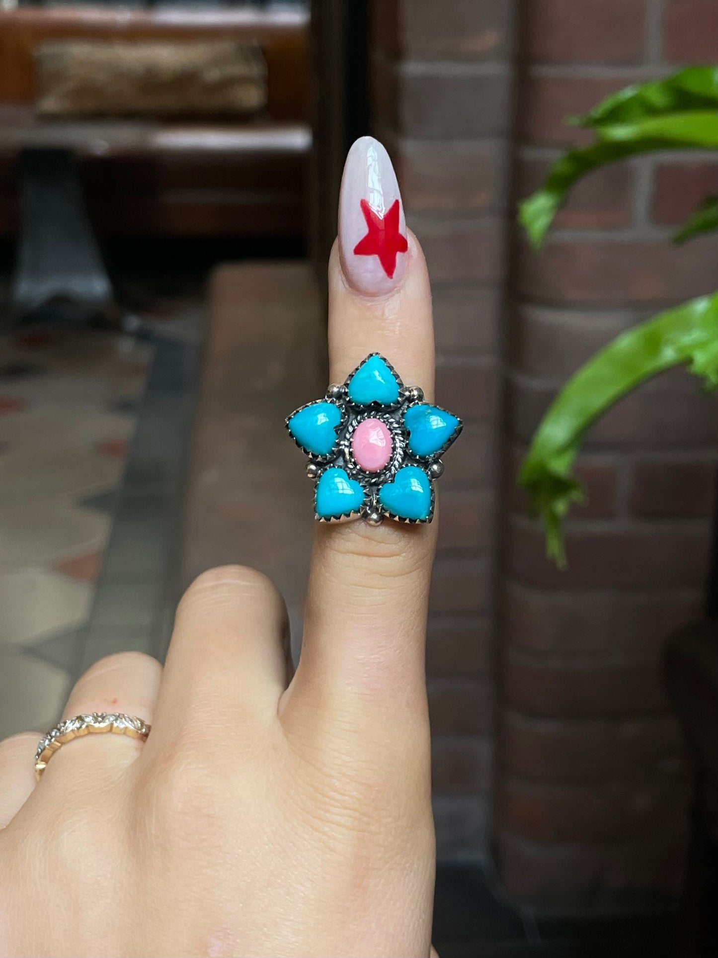 Pink Conch & Kingman Turquoise Flower Ring Size 6 | Sterling Silver G484