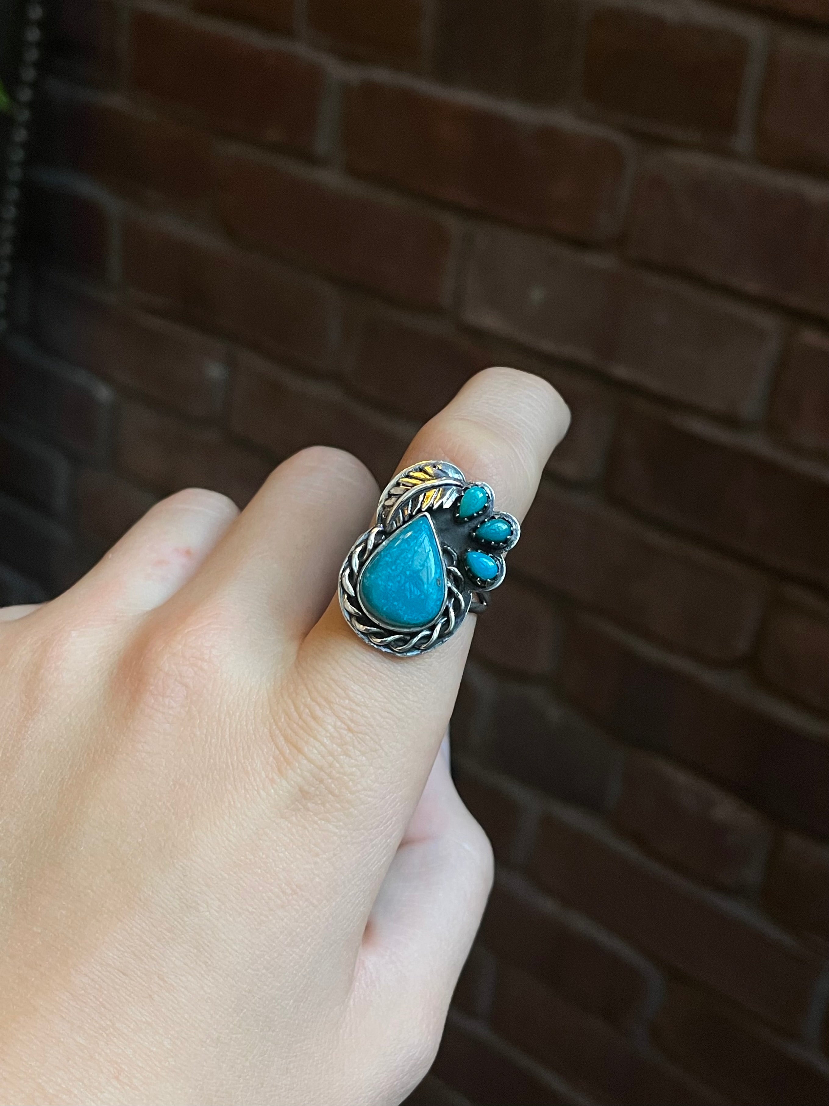 Turquoise Feather Ring Size 9 | 925 Sterling Silver C556