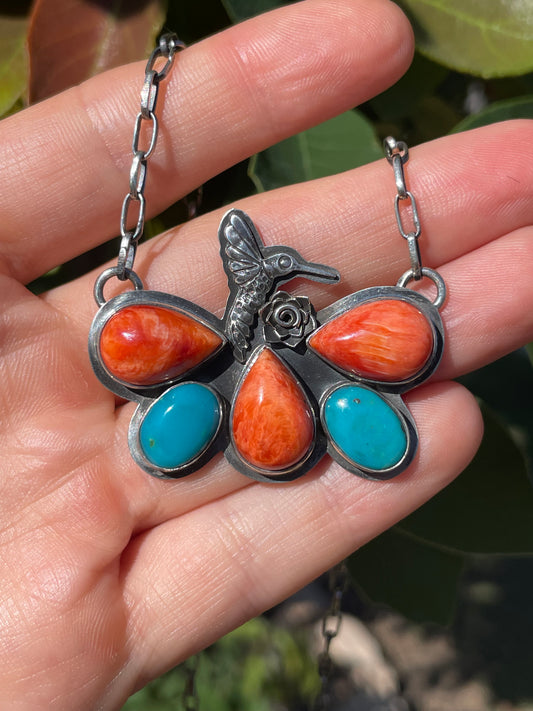 Spiny Oyster & Turquoise Hummingbird Necklace | 925 Sterling Silver D121