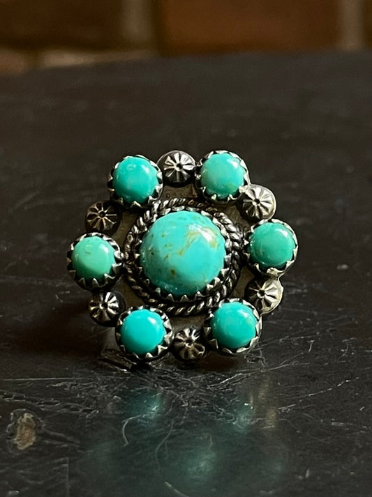 Turquoise Flower Ring Size 9 | Sterling Silver E863