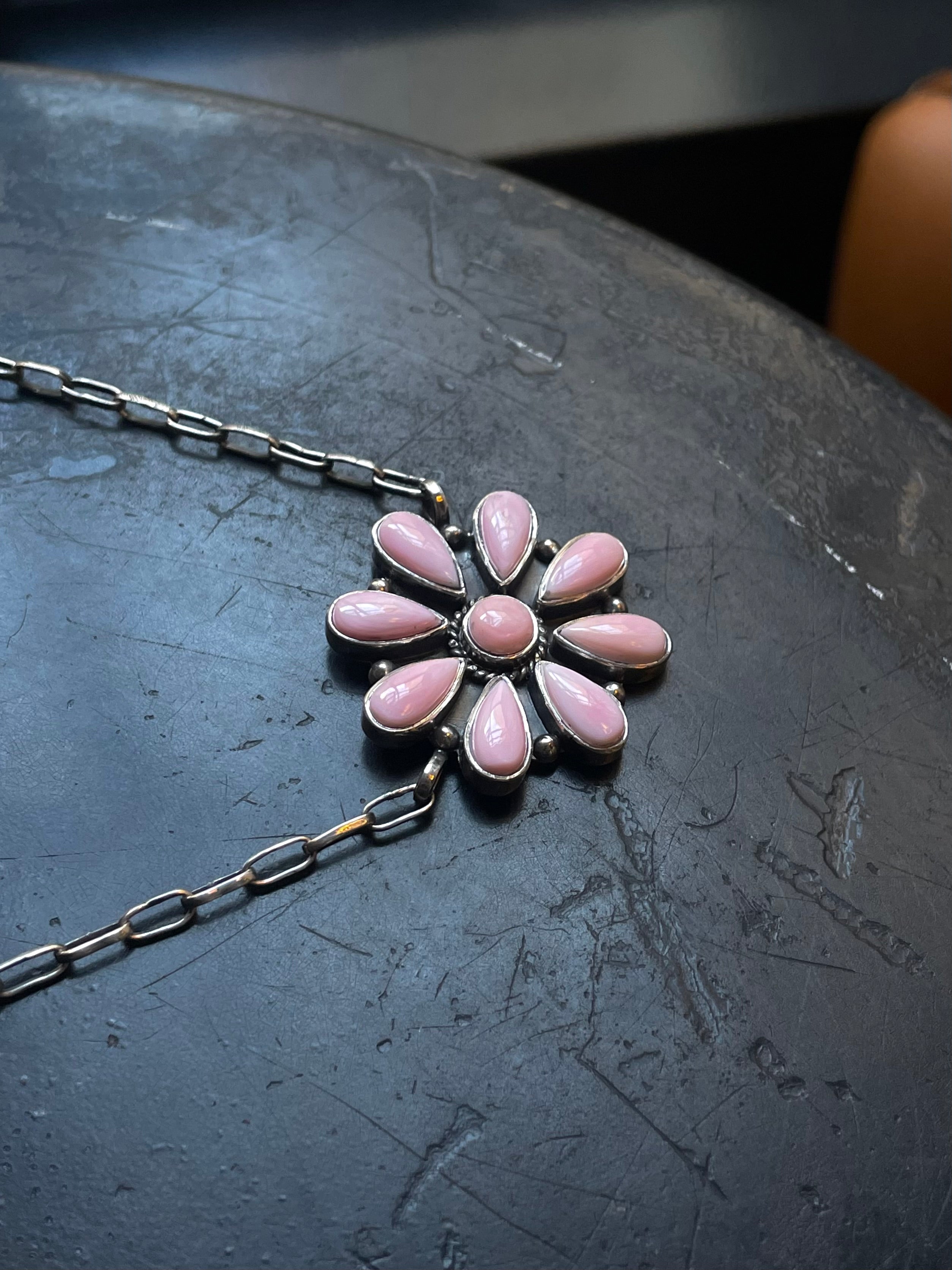Pink Conch Flower Necklace | Cluster Blossom Pendant | 925 Silver E568