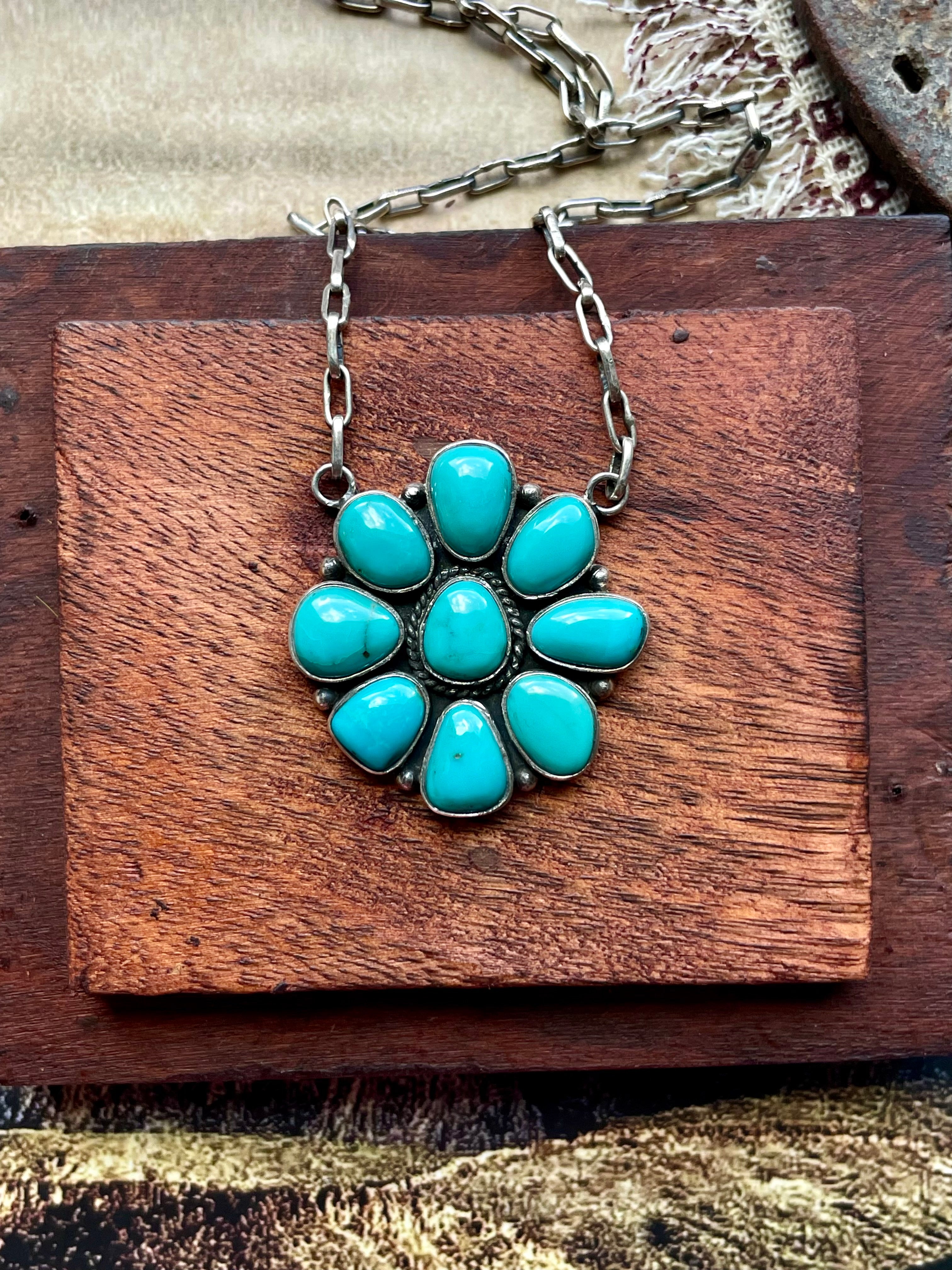 Kingman Turquoise Flower Necklace | 925 Sterling Silver D200