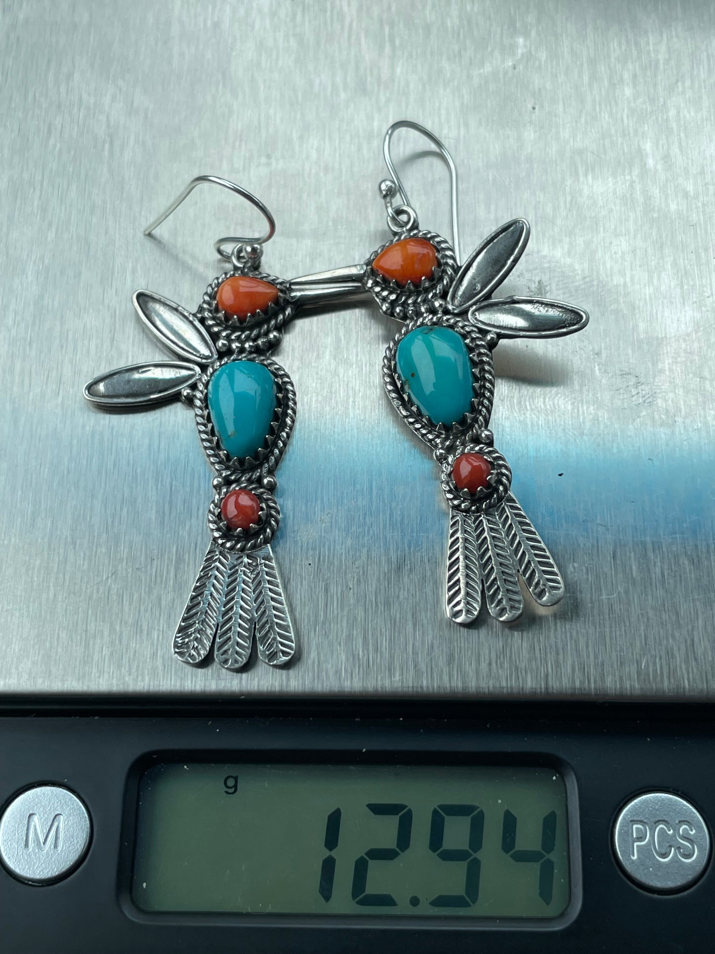 Turquoise Coral Spiny Oyster Hummingbird Earrings | Sterling Silver B952