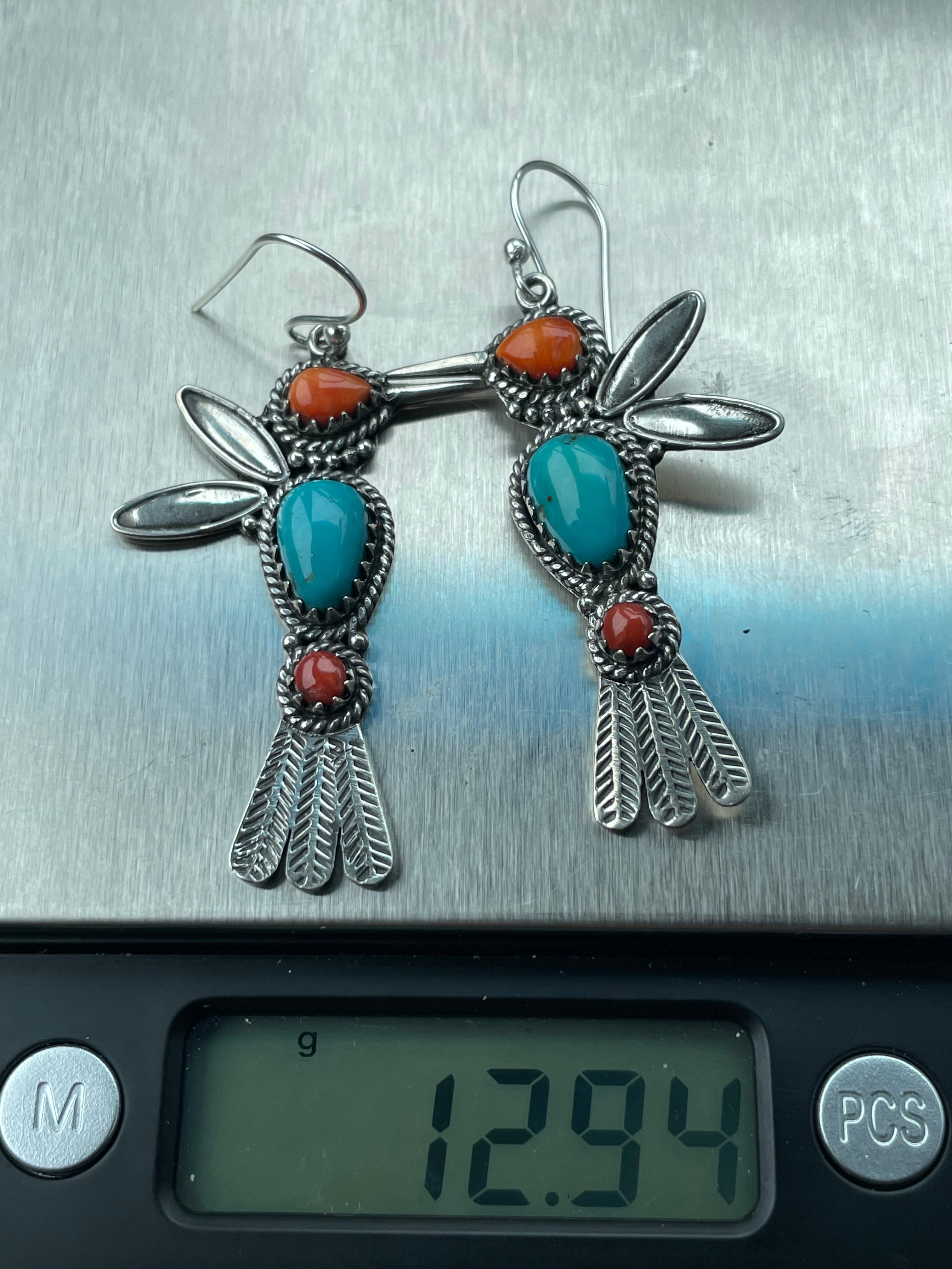 Turquoise Coral Spiny Oyster Hummingbird Earrings | Sterling Silver B952