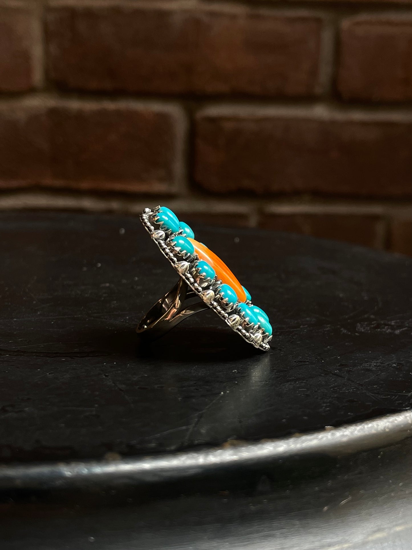Spiny Oyster Kingman Turquoise Cluster Ring Size 8 | 925 Sterling Silver E112