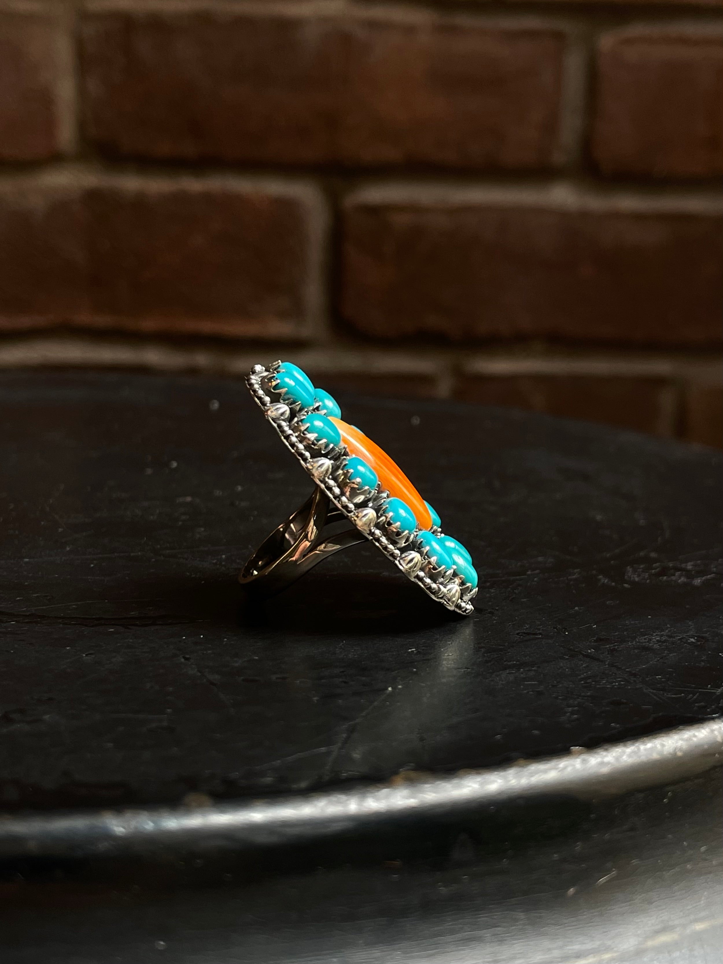 Spiny Oyster Kingman Turquoise Cluster Ring Size 8 | 925 Sterling Silver E112