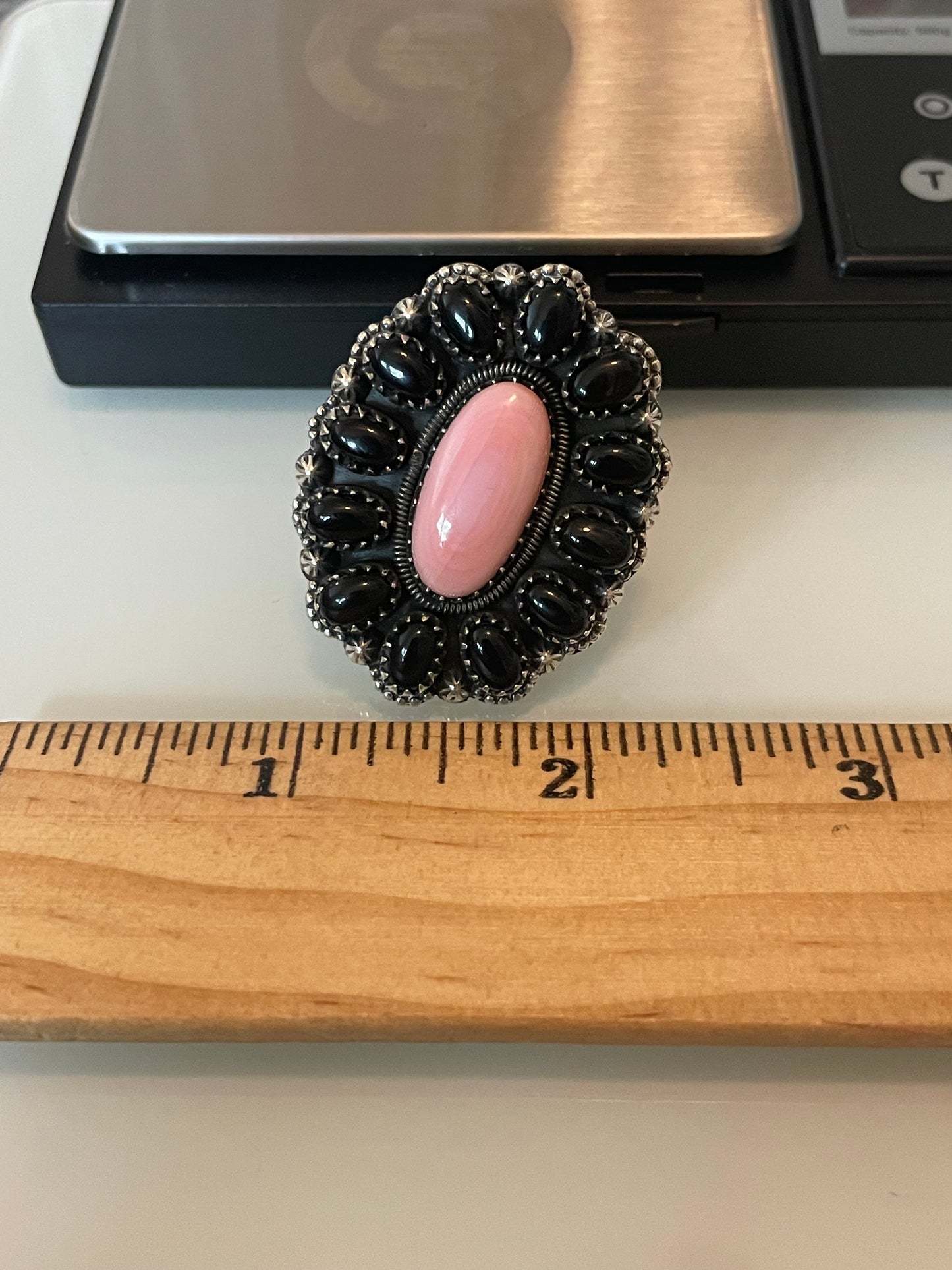 Pink Conch & Black Onyx Cluster Ring | Sterling Silver | Size 7 G339