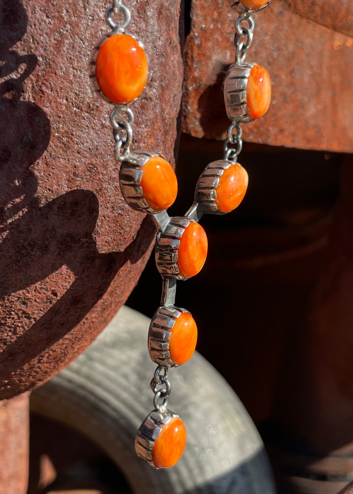 Orange Spiny Oyster Station Necklace | 925 Sterling Silver E597