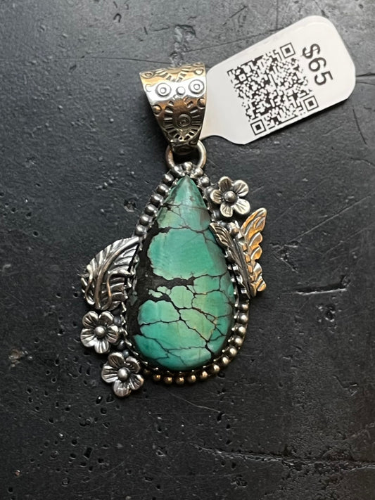 Kingman Turquoise Butterfly and Leaf Pendant | Sterling Silver | A679