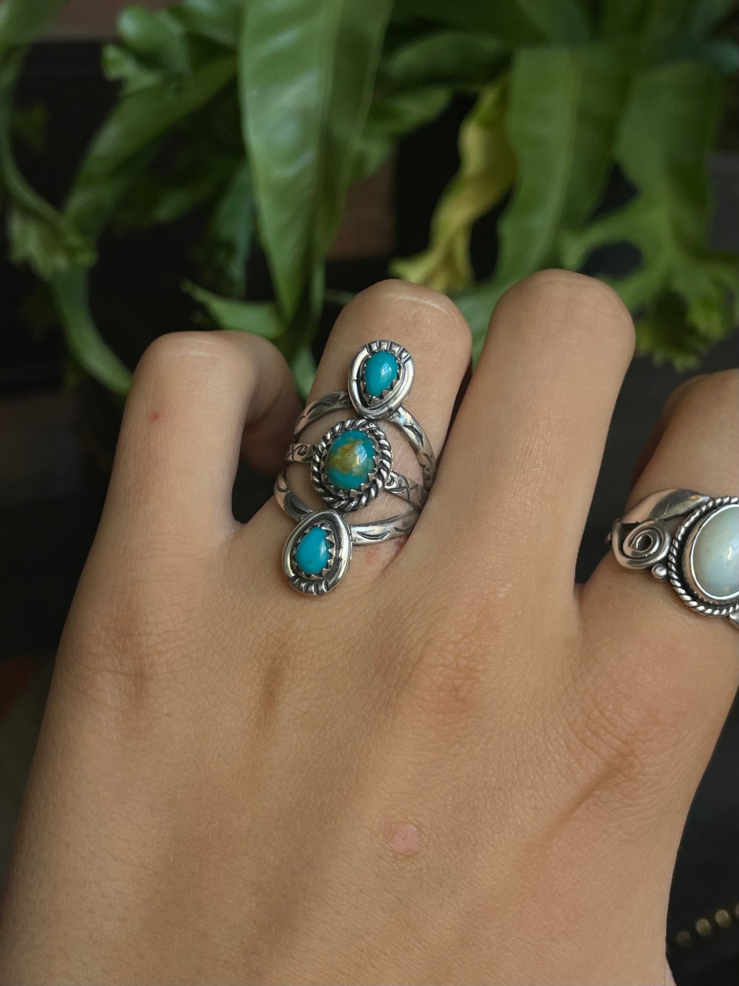 Kingman Turquoise Triple Stone Ring | Sterling Silver | Size 7.25  G387
