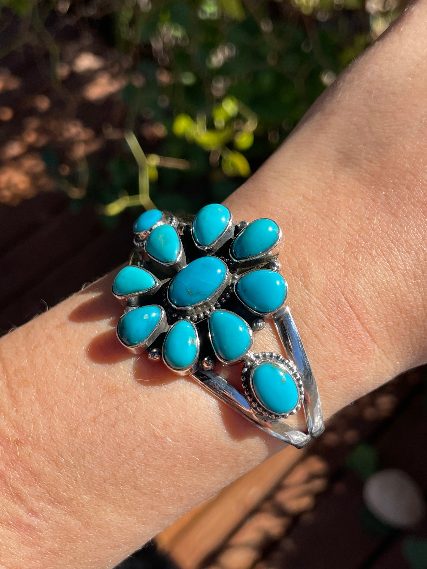 Kingman Turquoise Cluster Flower Cuff | 925 Sterling Silver | B9508 B884