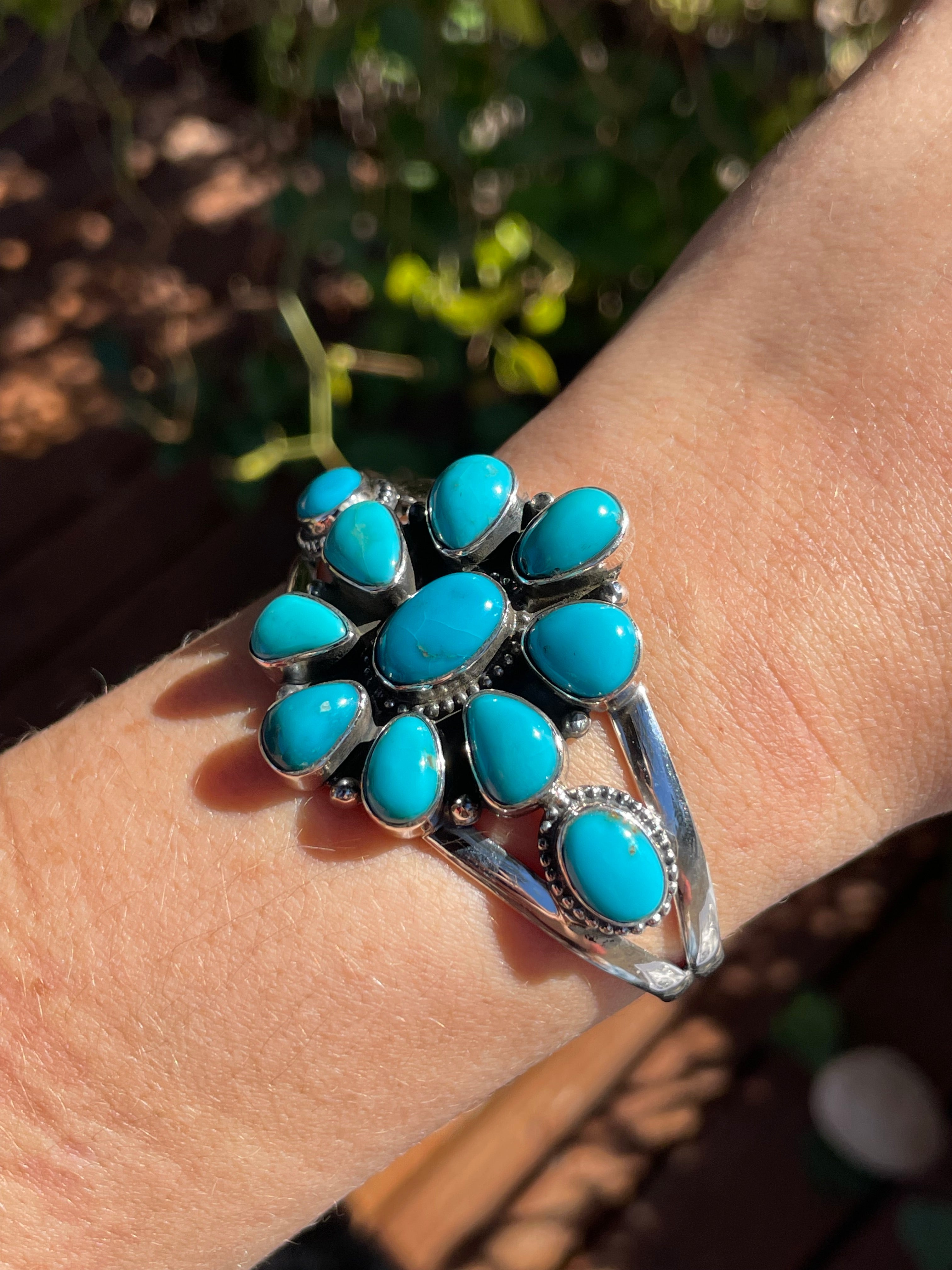 Kingman Turquoise Cluster Flower Cuff | 925 Sterling Silver | B9508 B884