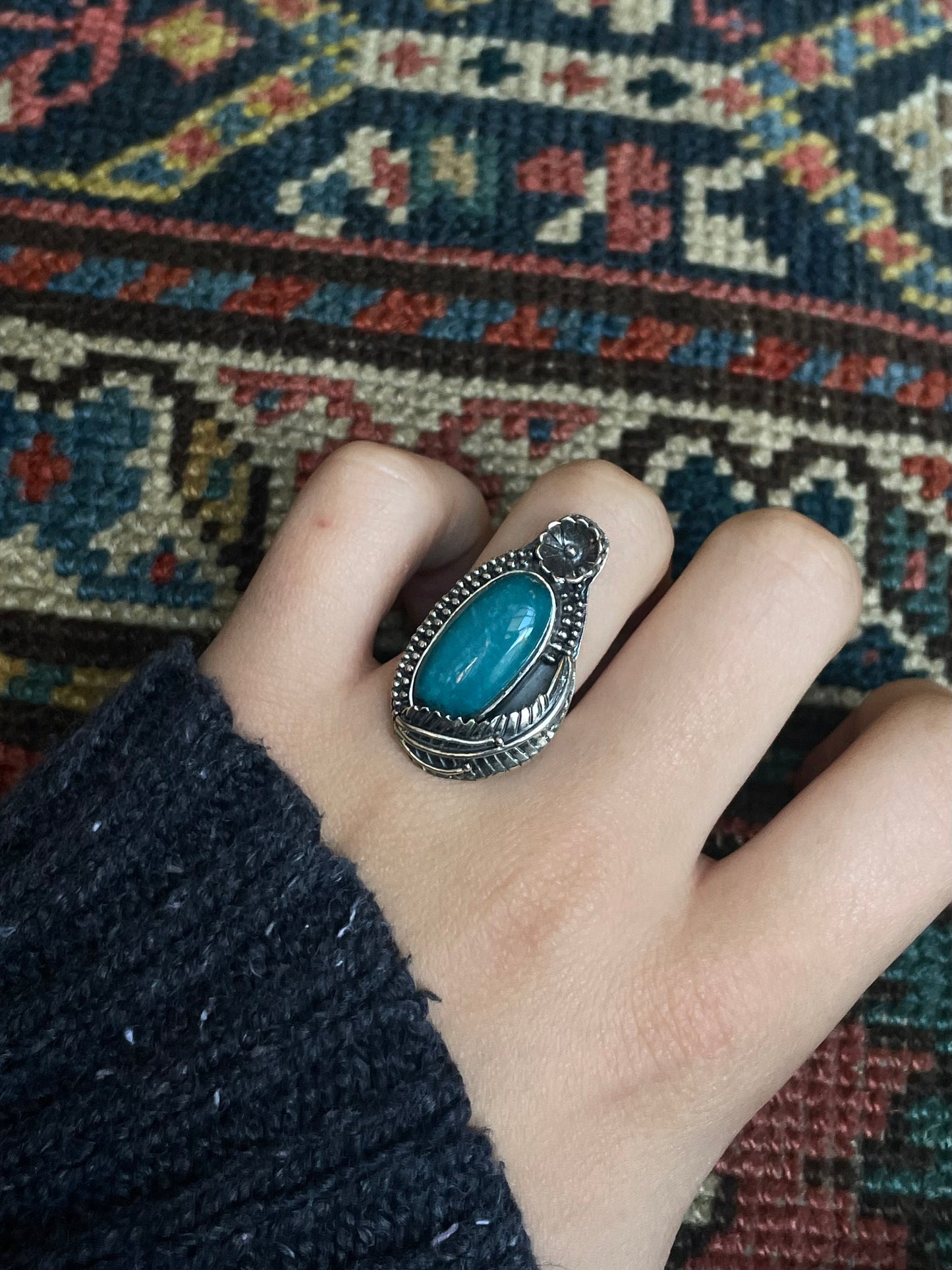 Kingman Turquoise Floral Ring Size 7 | 925 Sterling Silver C576