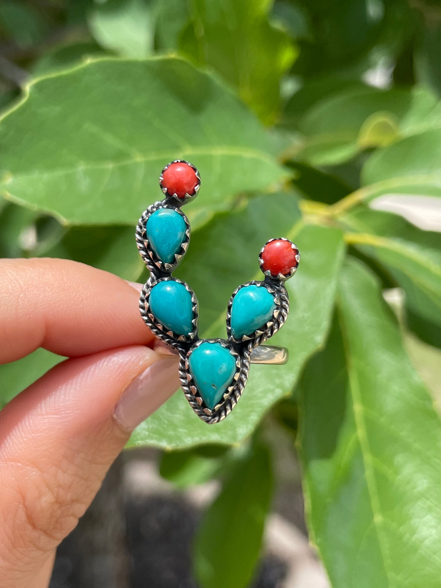 Kingman Turquoise & Coral Cactus Ring Size 6 | 925 Sterling Silver D181