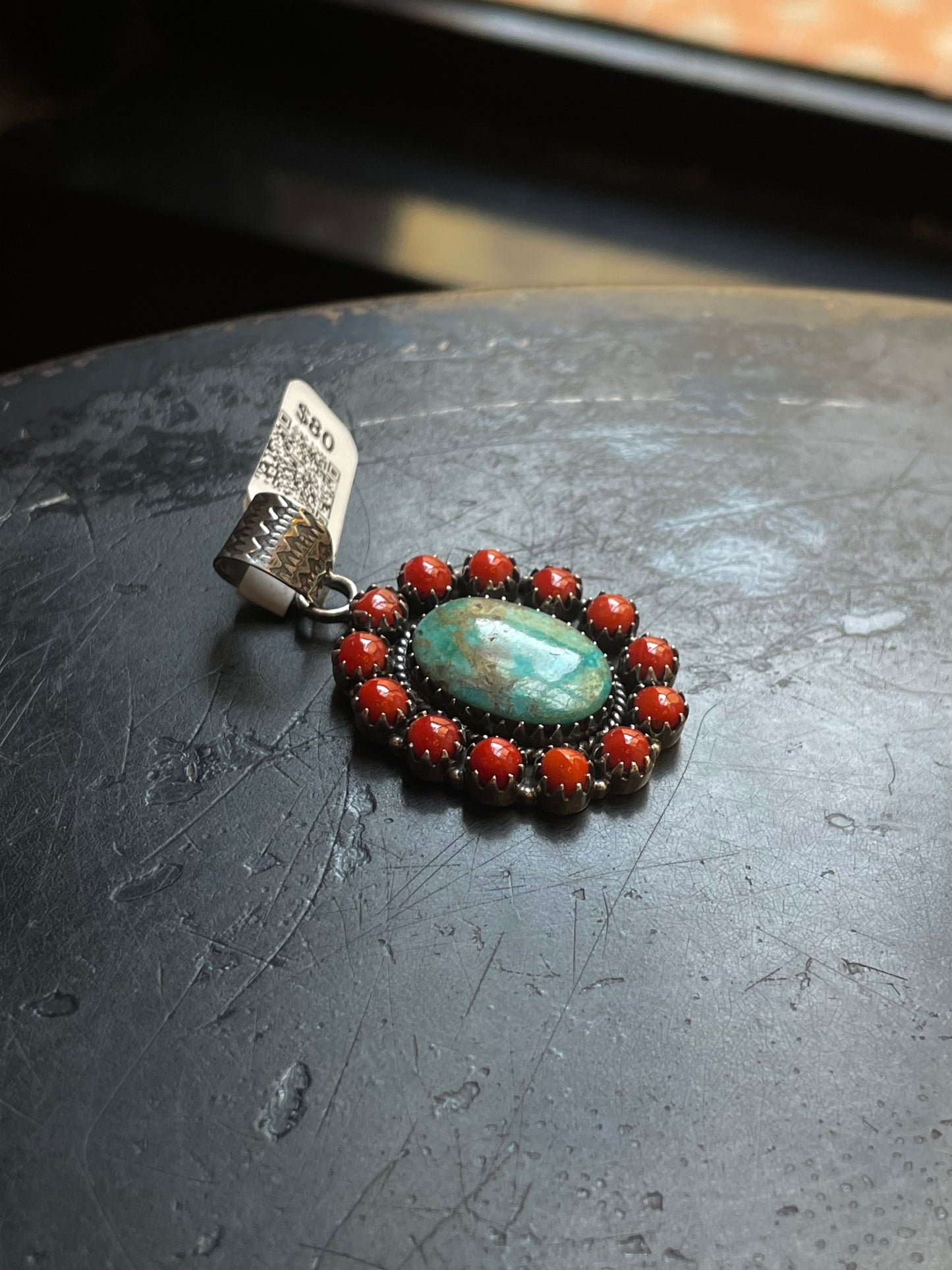 Kingman Turquoise Coral Cluster Pendant | Sterling Silver | A524