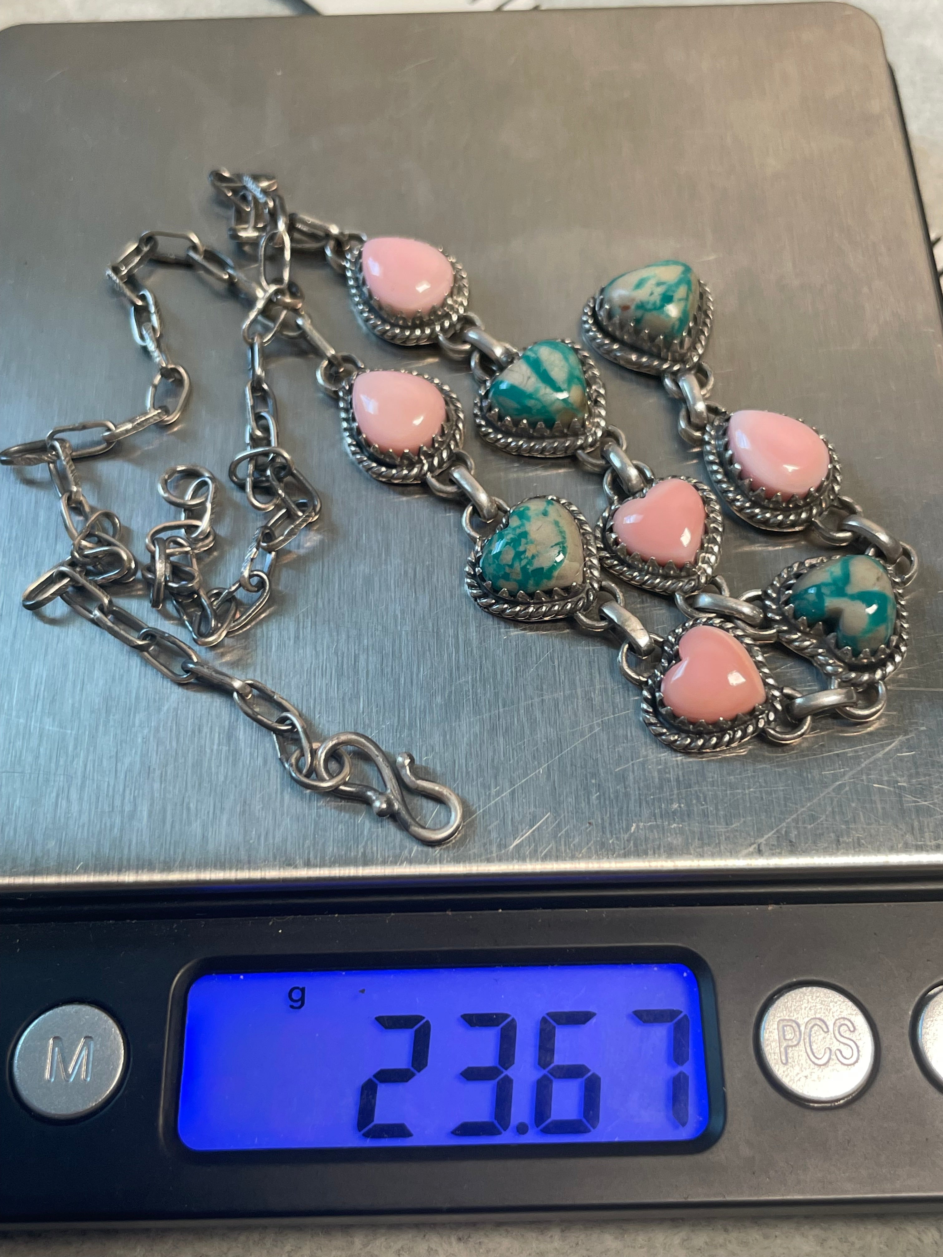Pink Conch & Kingman Turquoise Lariat Necklace | 925 Sterling Silver D221