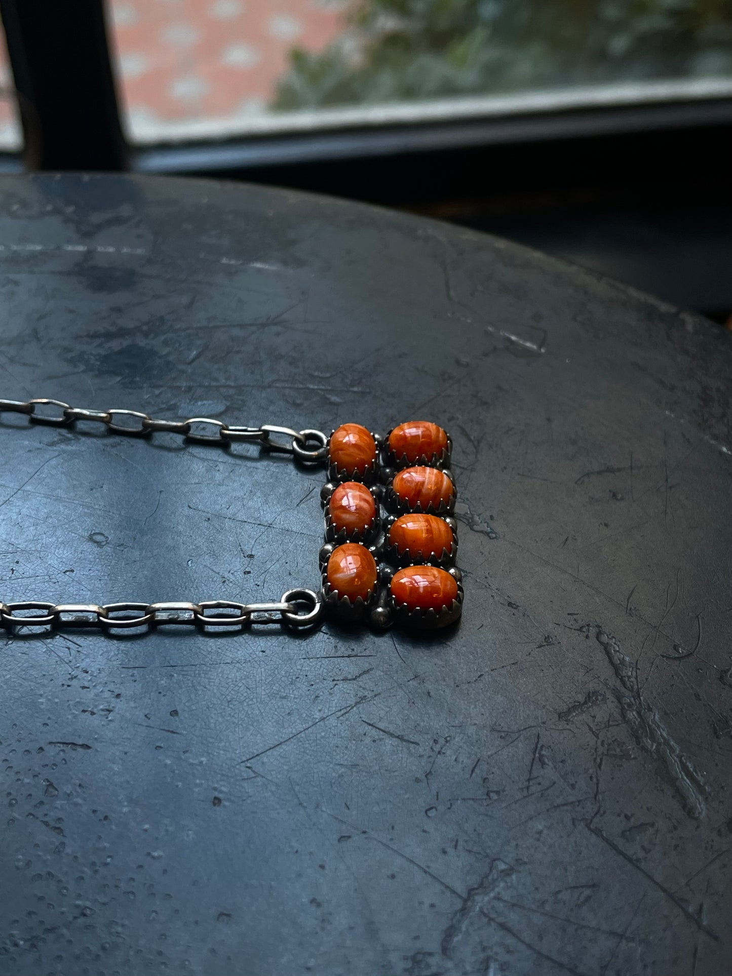 Spiny Oyster Cluster Bar Necklace | Rectangular Station | 925 Silver E589