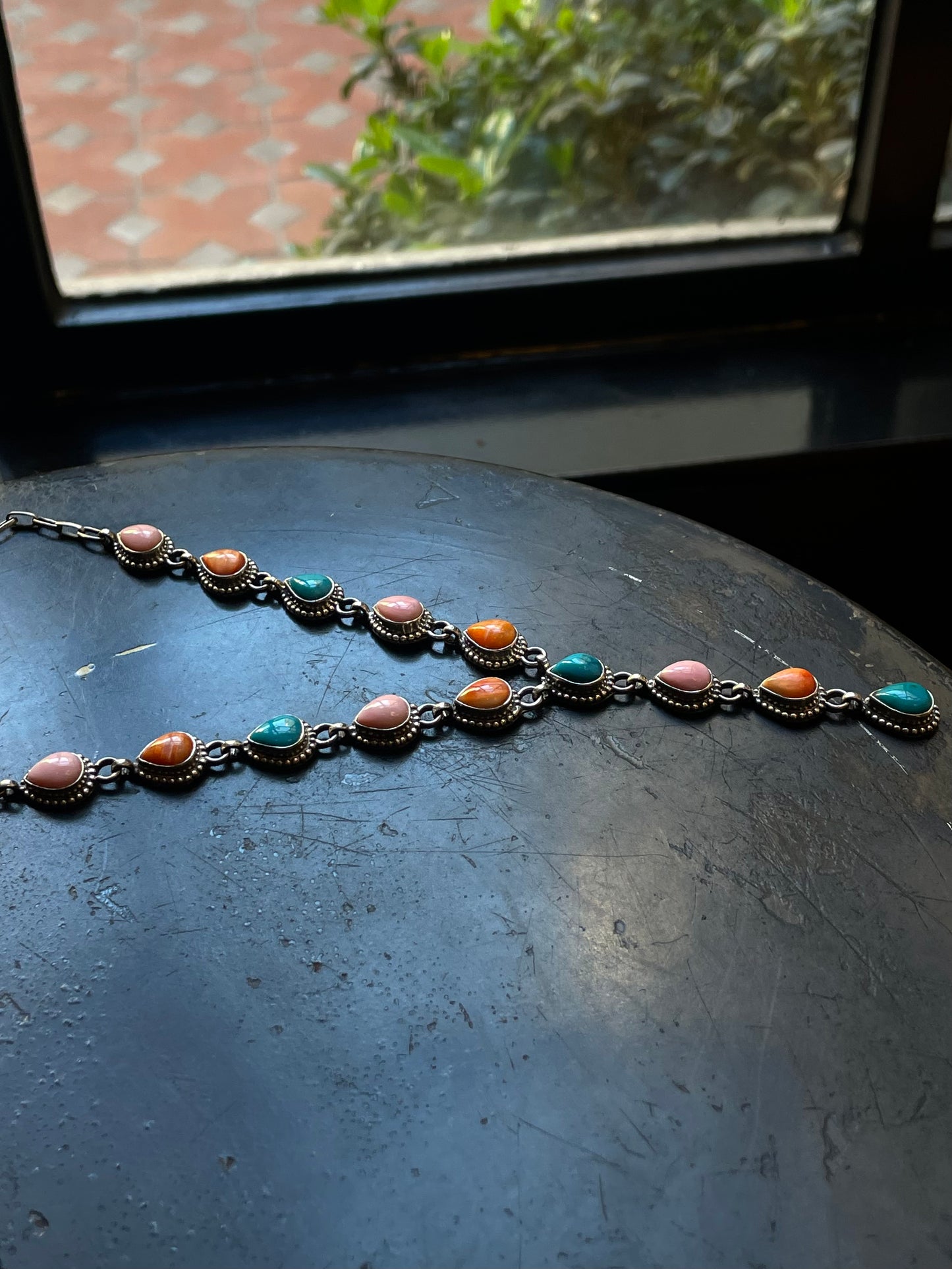 Turquoise Pink Conch Spiny Oyster Lariat Necklace | Sterling Silver E937