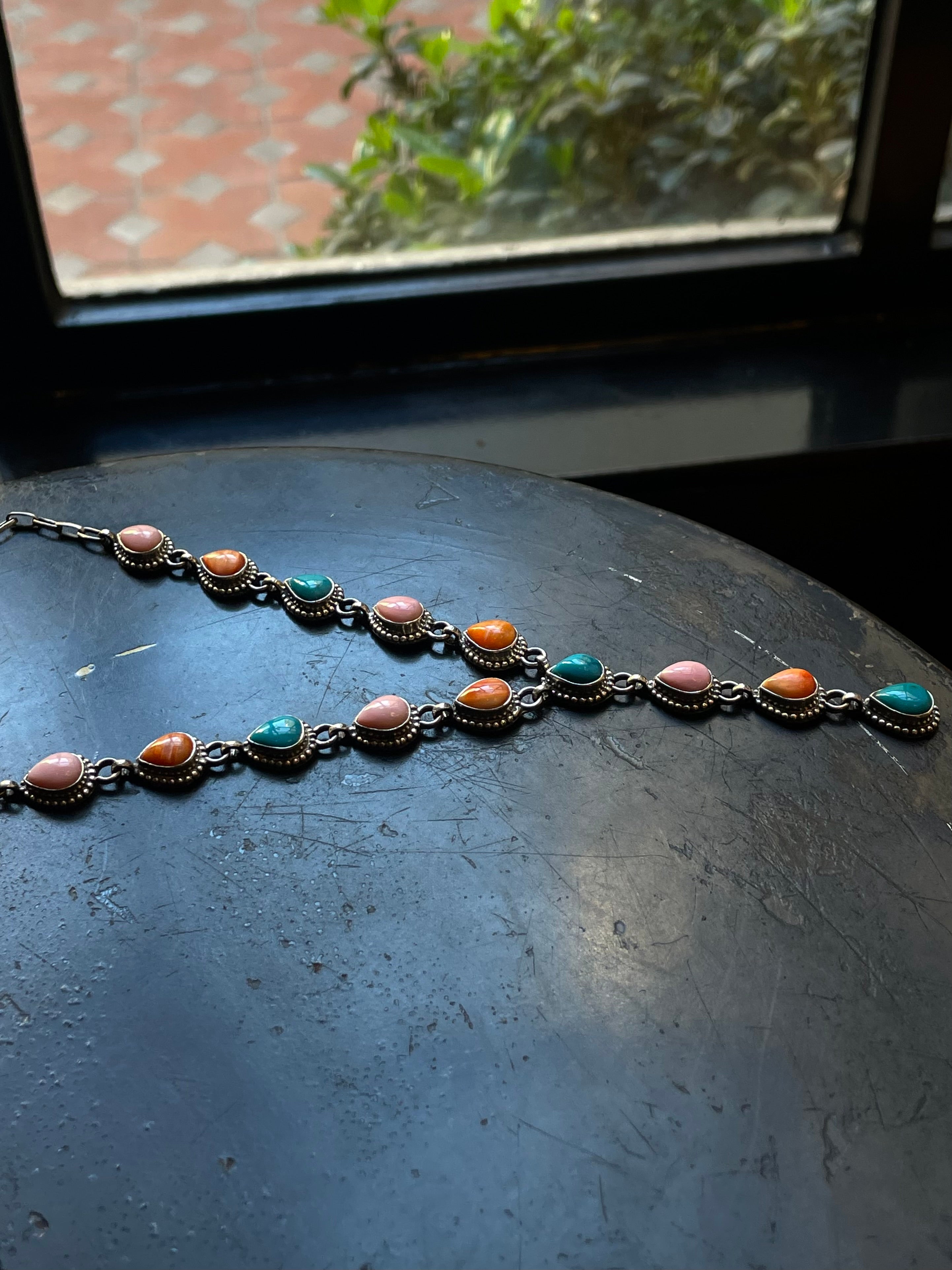 Turquoise Pink Conch Spiny Oyster Lariat Necklace | Sterling Silver E937