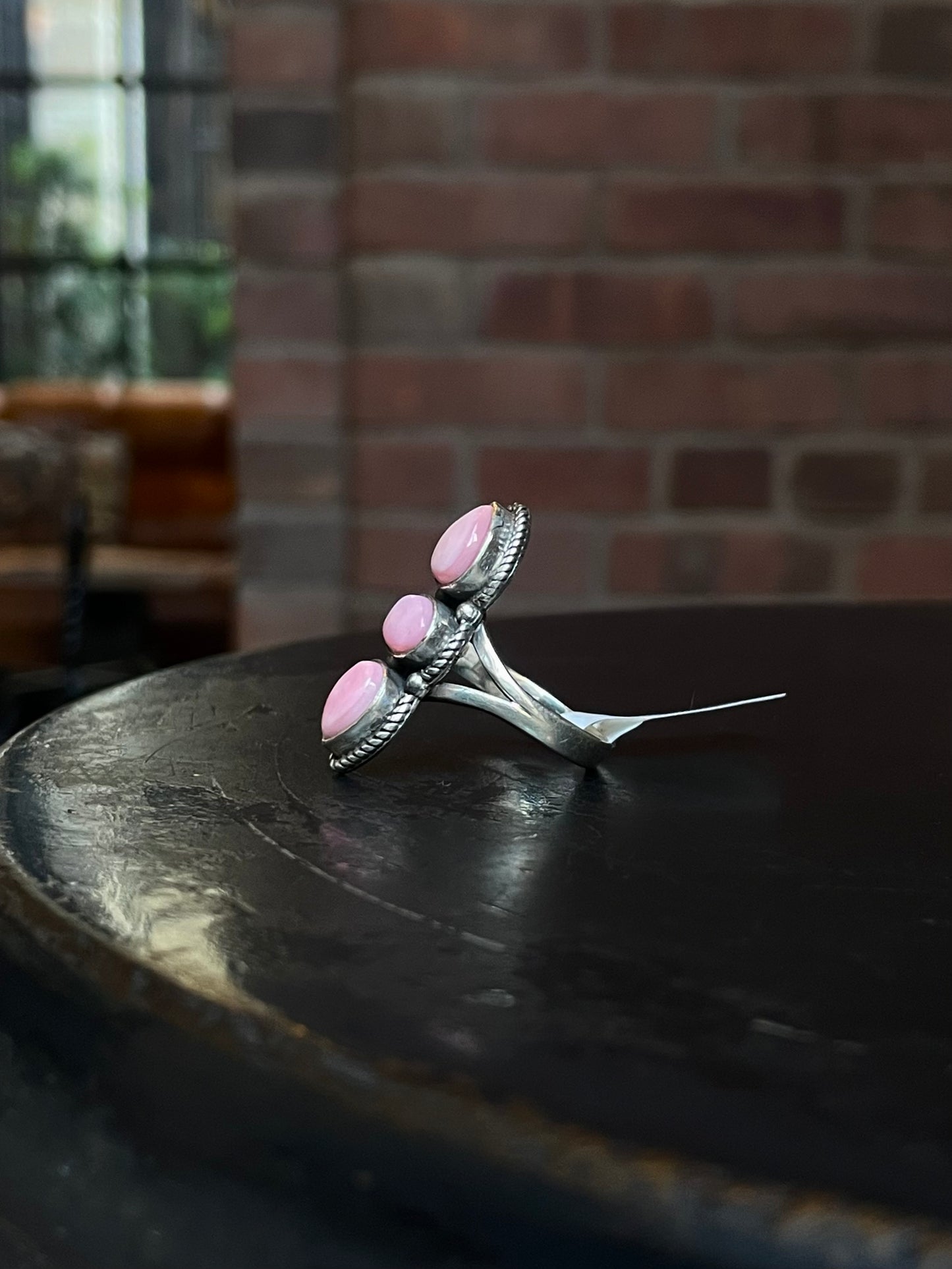 Three Stone Pink Conch Ring | Sterling Silver | Size 9 | A254
