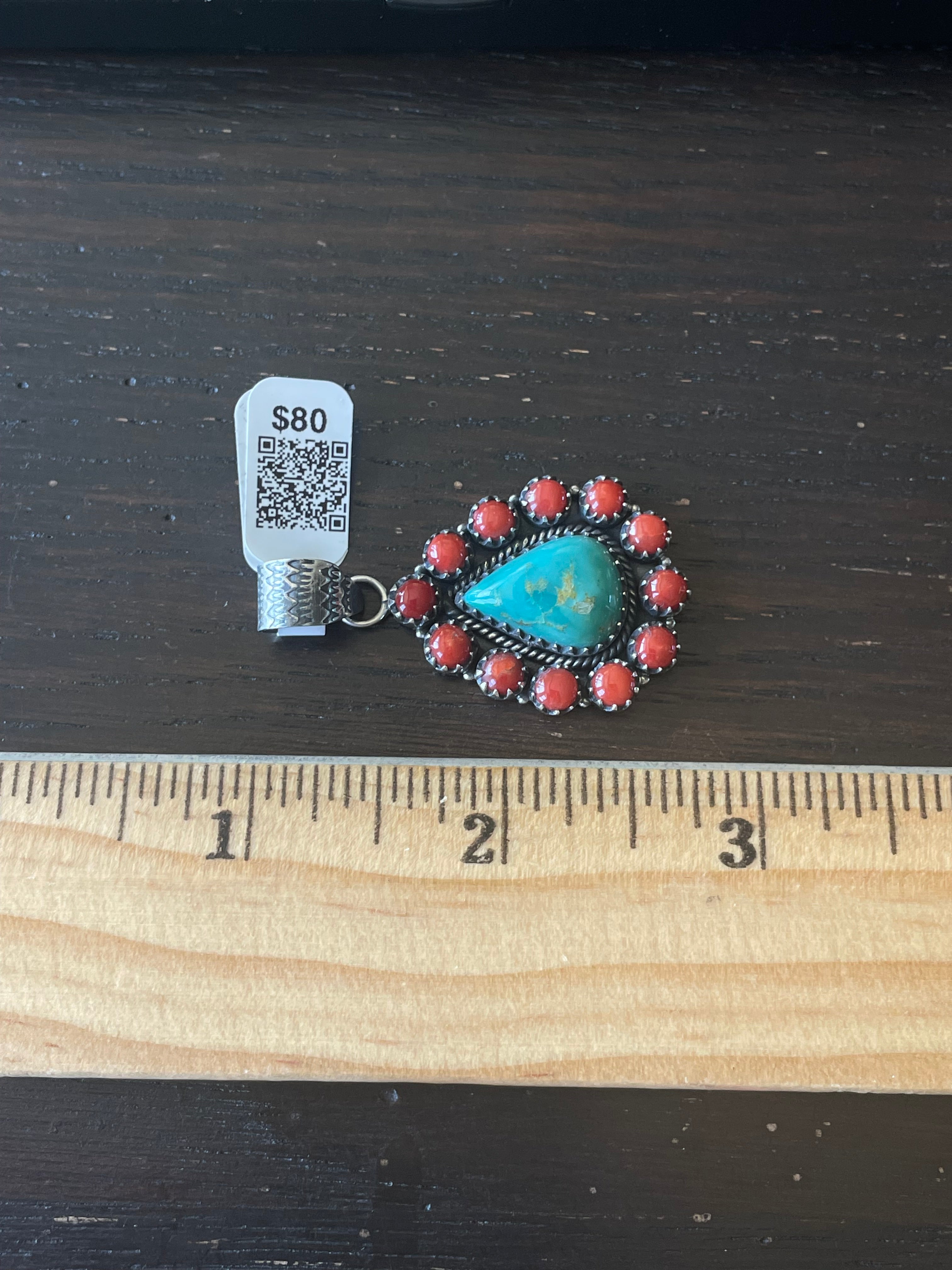 Kingman Turquoise Coral Cluster Pendant | Sterling Silver | A521
