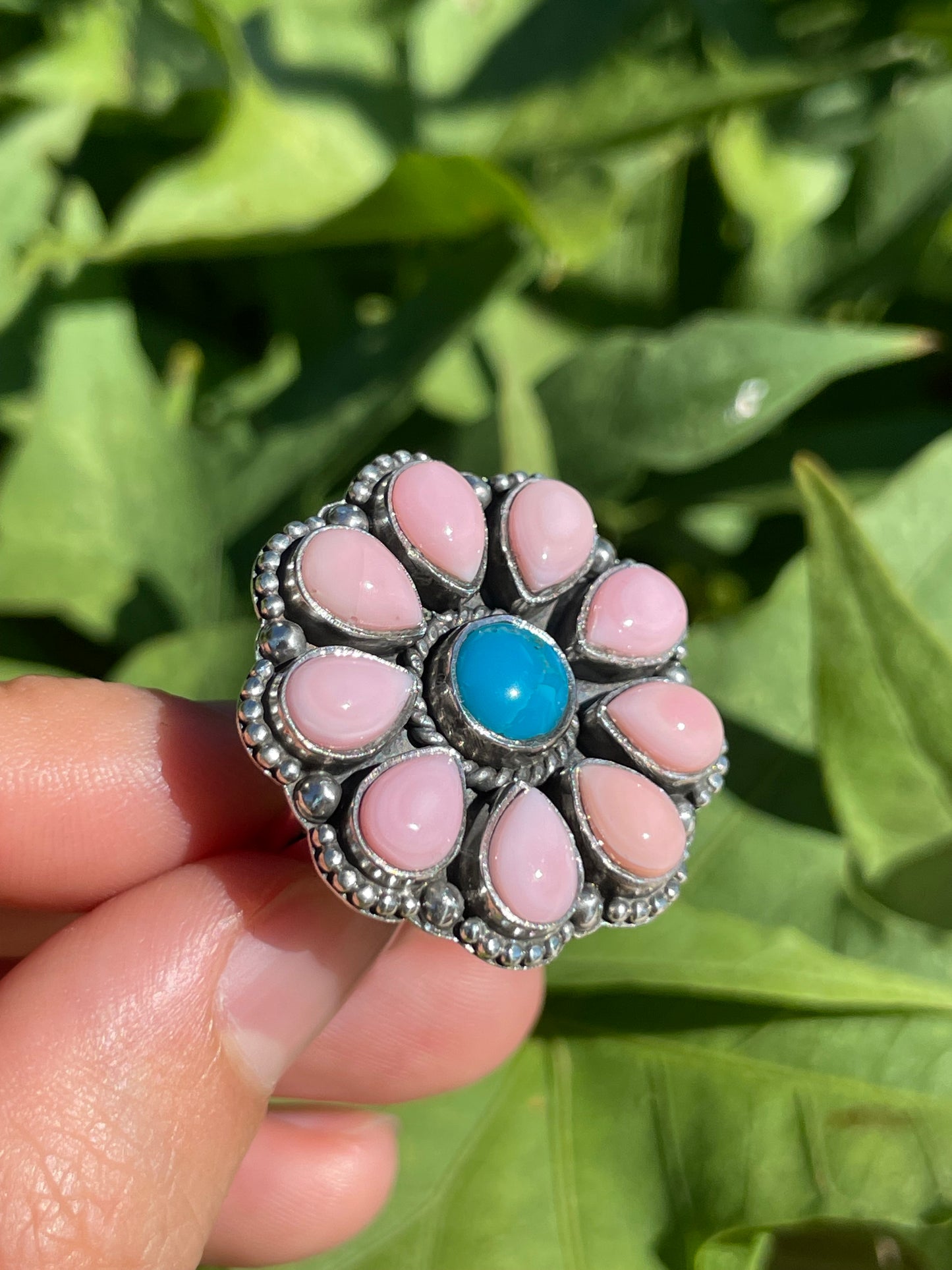 Pink Conch and Turquoise Flower Ring | 925 Sterling Silver Size 7.75 B329
