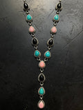 Pink Conch Turquoise & Black Onyx Lariat Necklace | Silver G414