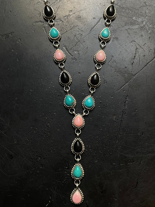 Pink Conch Turquoise & Black Onyx Lariat Necklace | Silver G414