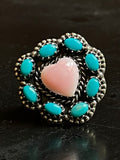 Pink Conch Heart & Kingman Turquoise Ring Size 7 | Sterling Silver G486