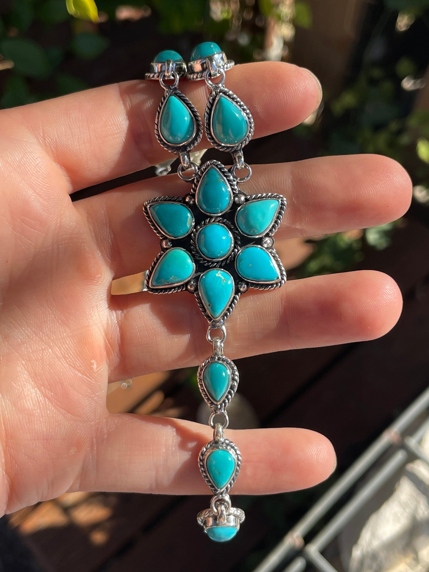 Kingman Turquoise Blossom Necklace | Cascading Starburst Drop | Sterling Silver B877