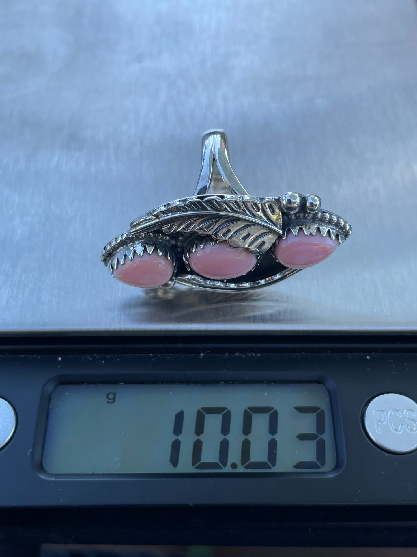 Pink Conch Triple Stone Leaf Ring | 925 Sterling Silver | Size 7 B287