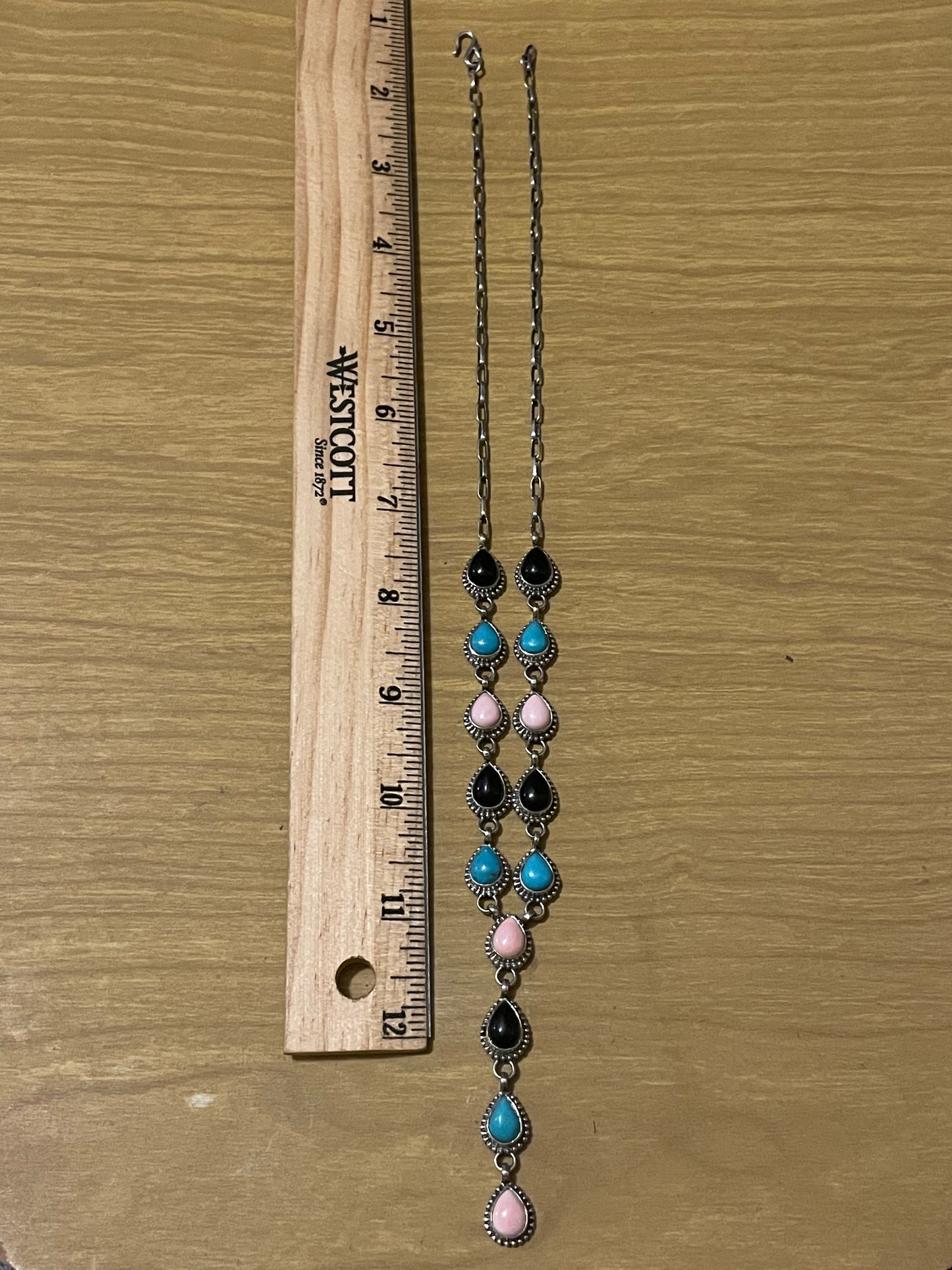 Pink Conch Turquoise & Black Onyx Lariat Necklace | Silver G414
