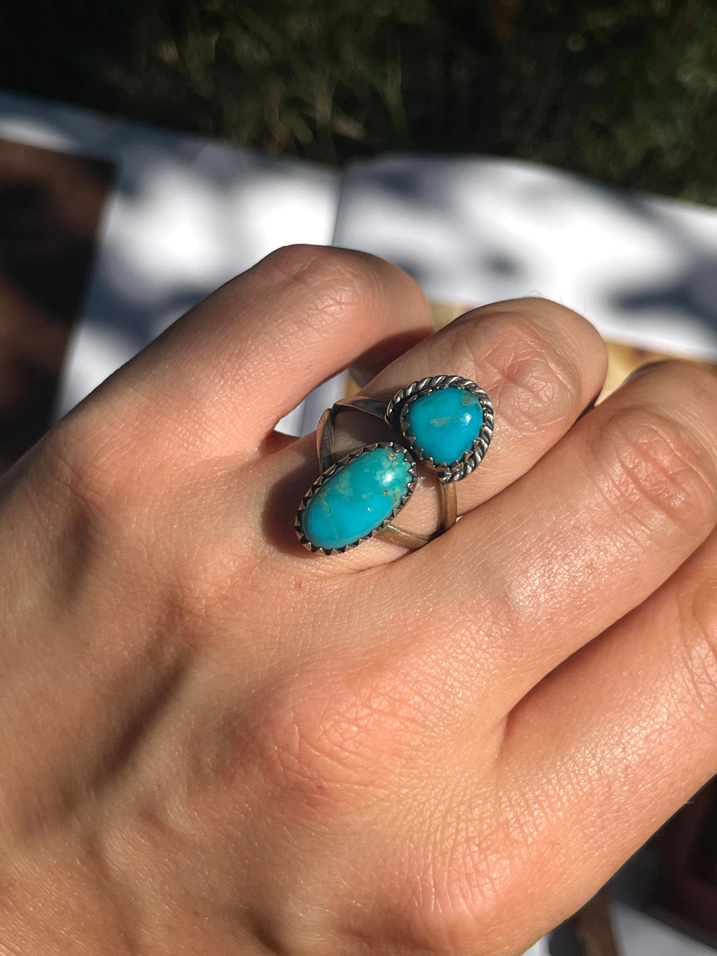 Turquoise Double Stone Ring | 925 Sterling Silver | Size 6.5 D367