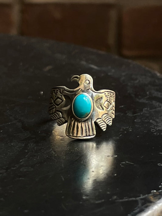 Kingman Turquoise Thunderbird Ring | 925 Sterling Silver | Size 8 E304