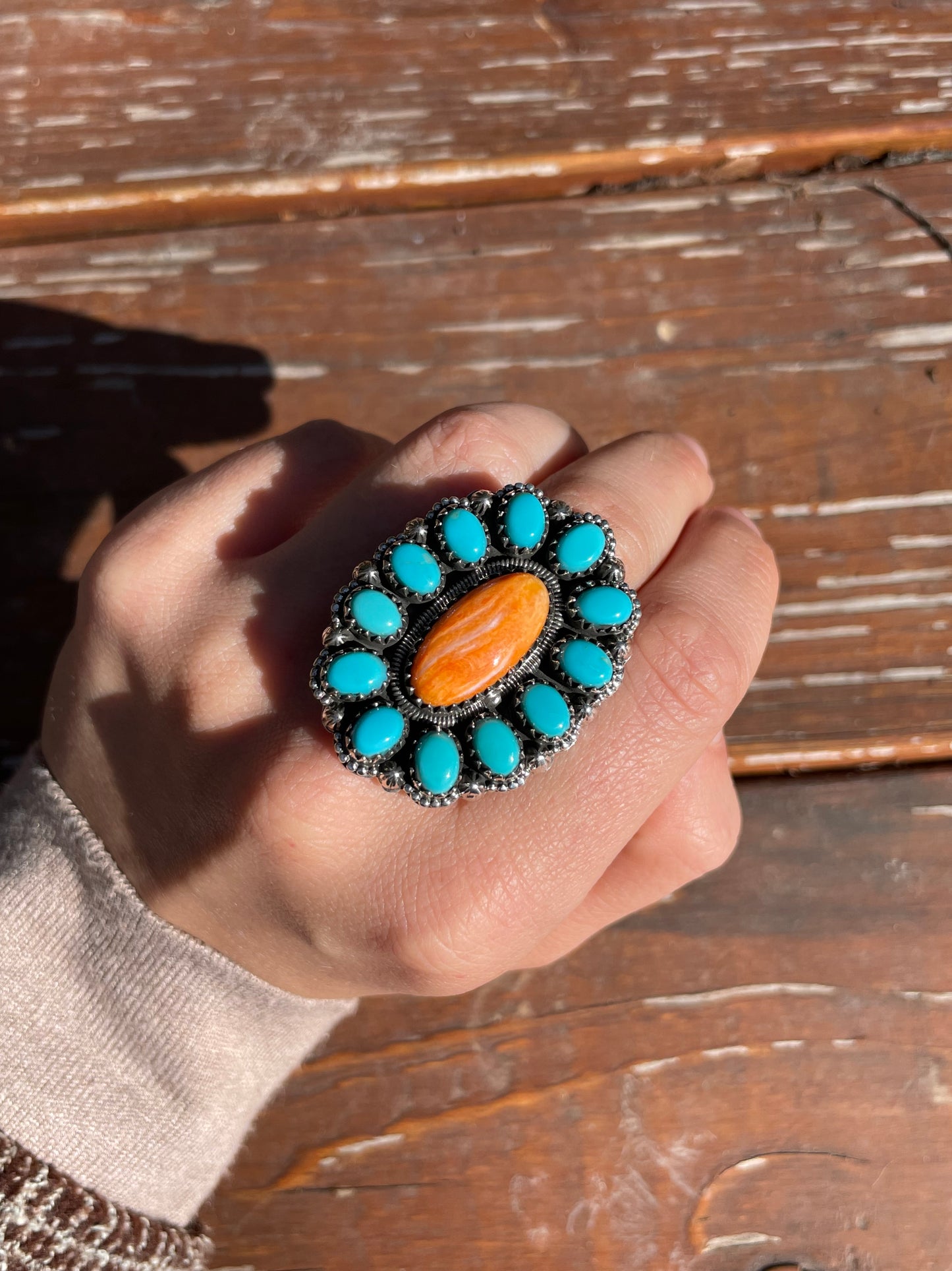 Spiny Oyster Kingman Turquoise Cluster Ring Size 7 | 925 Sterling Silver D105