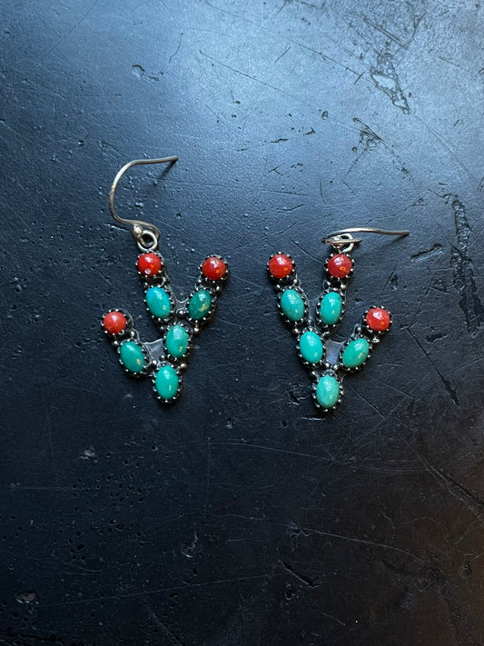 Turquoise & Coral Cactus Earrings | 925 Sterling Silver E377