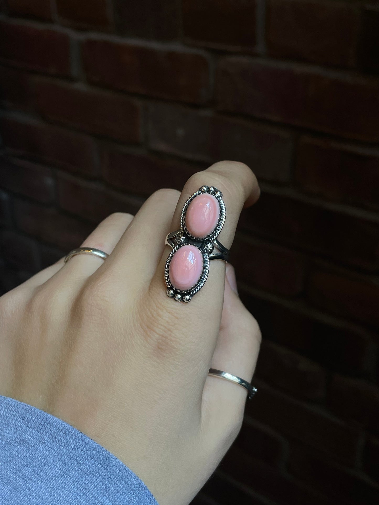 Pink Conch Double Stone Ring | Sterling Silver 925 Size 8.5 C707