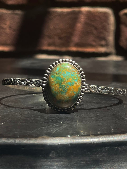 Kingman Turquoise Floral Stamped Cuff Bracelet | Sterling Silver G428