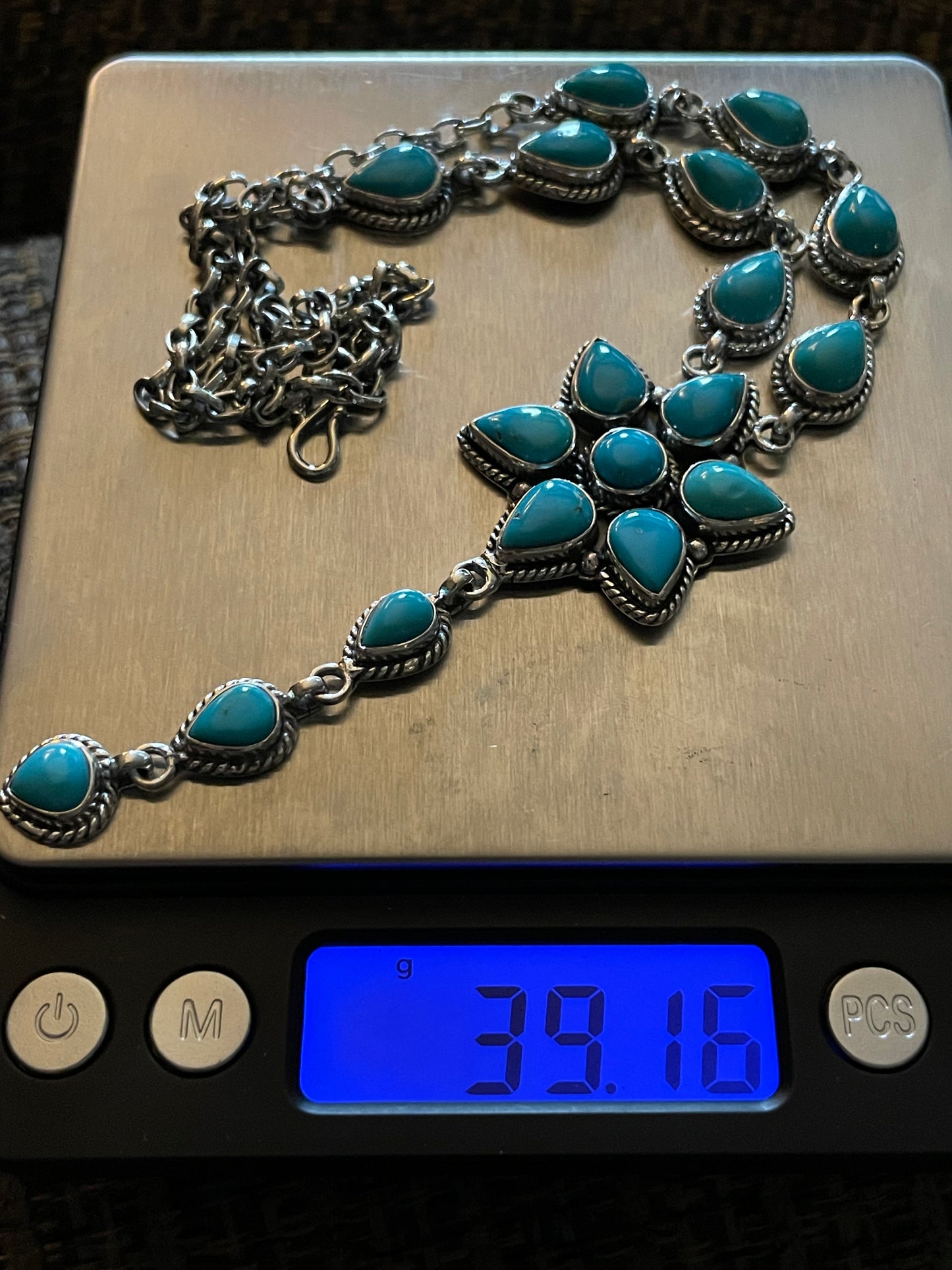 Kingman Turquoise Blossom Necklace | Cascading Starburst Drop | Sterling Silver B877