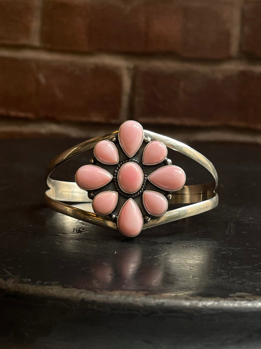 Pink Conch Cluster Cuff | Flower Design Split Shank | 925 Silver E694