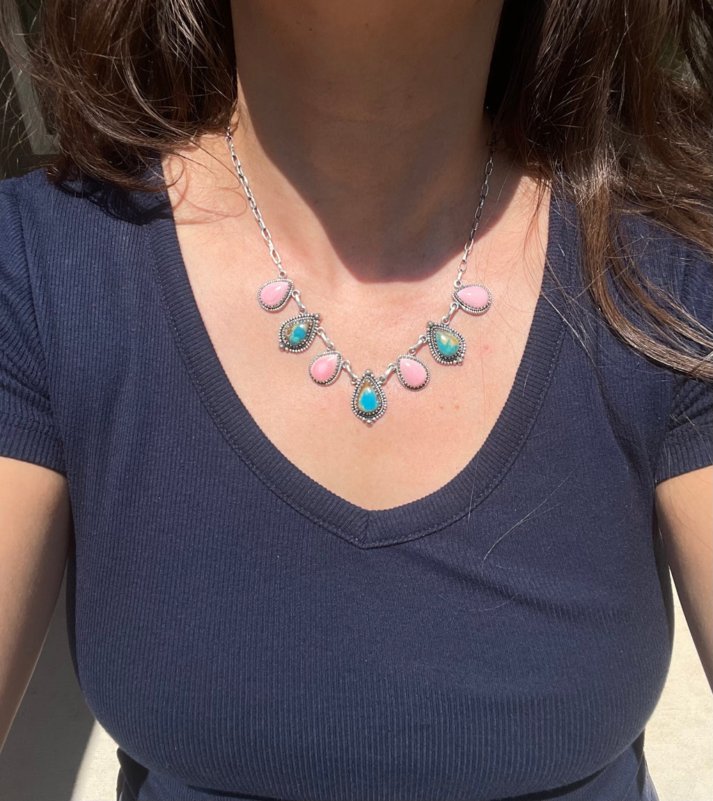 Kingman Turquoise & Pink Conch Necklace | 925 Sterling Silver Z21