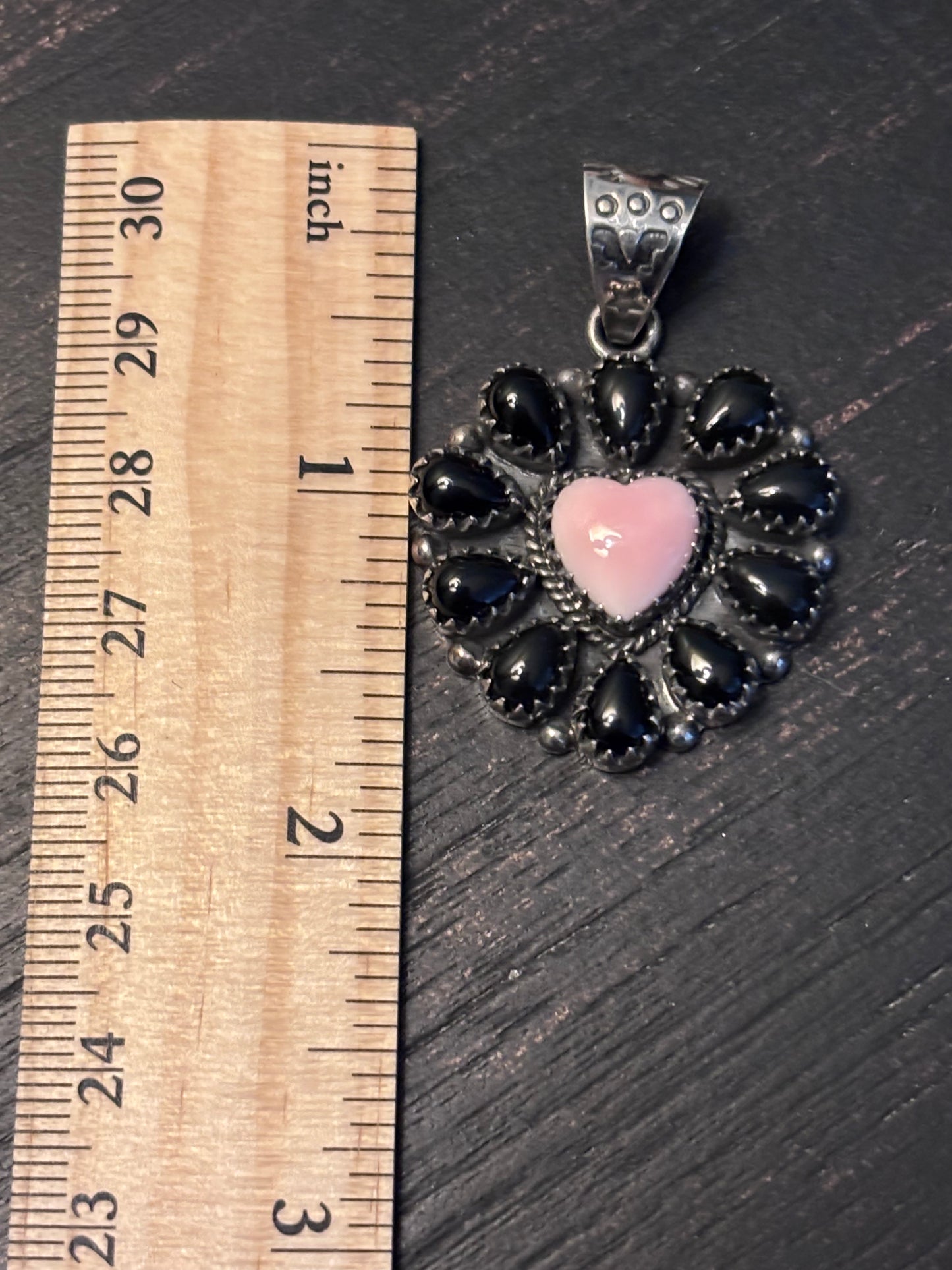Pink Conch Black Onyx Heart Pendant | 925 Sterling Silver A097