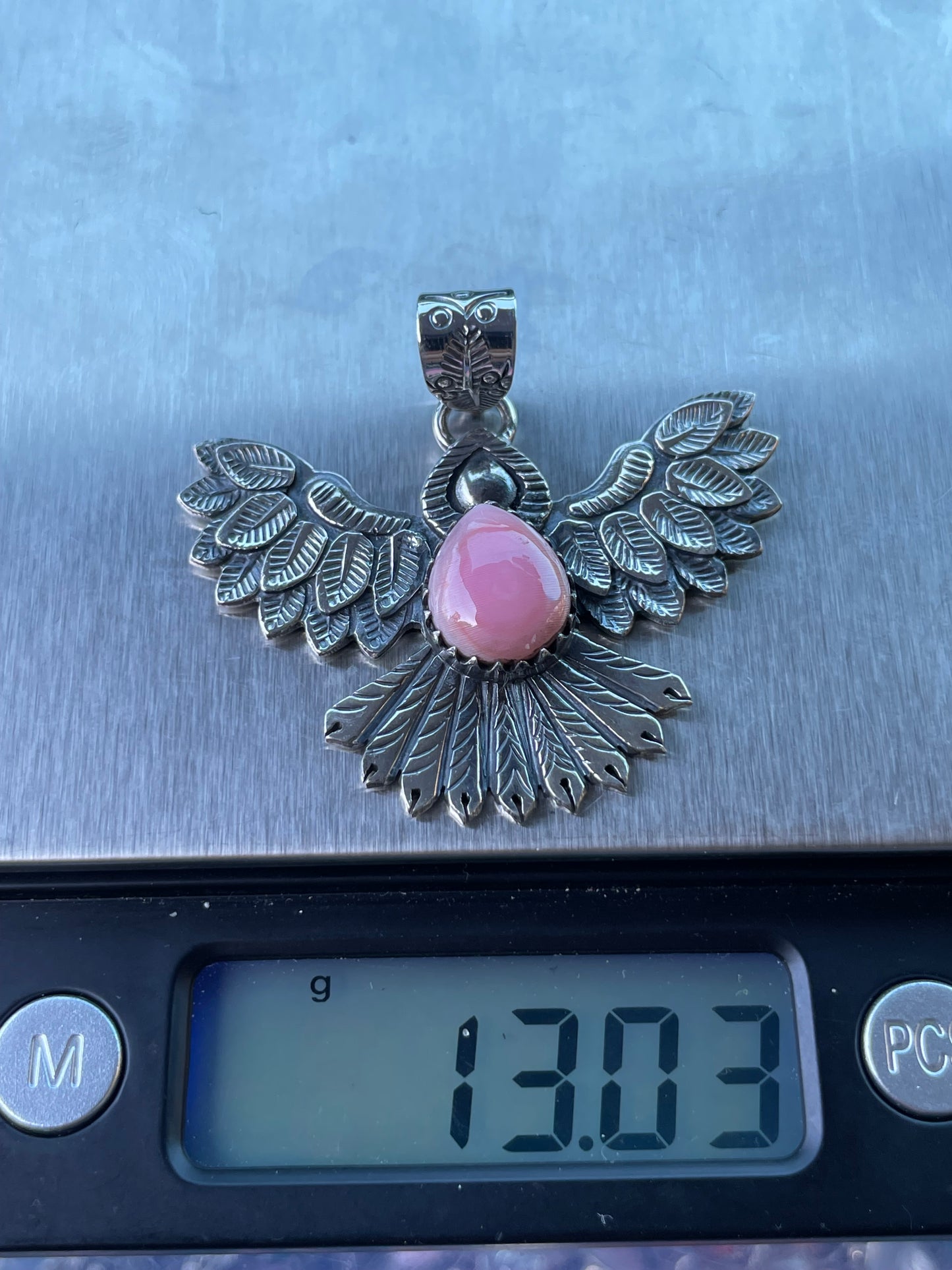 Pink Conch Thunderbird Pendant | Handcrafted Sterling Silver 925 B462